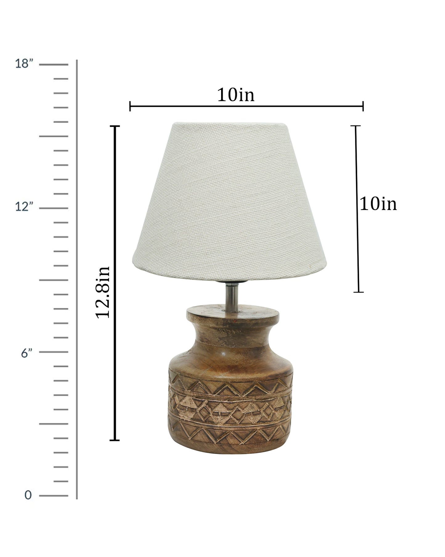 Wood Table Lamp, Modern Base Fabric Lampshade for Home Office Cafe Restaurant, Carved Pot, White Jute