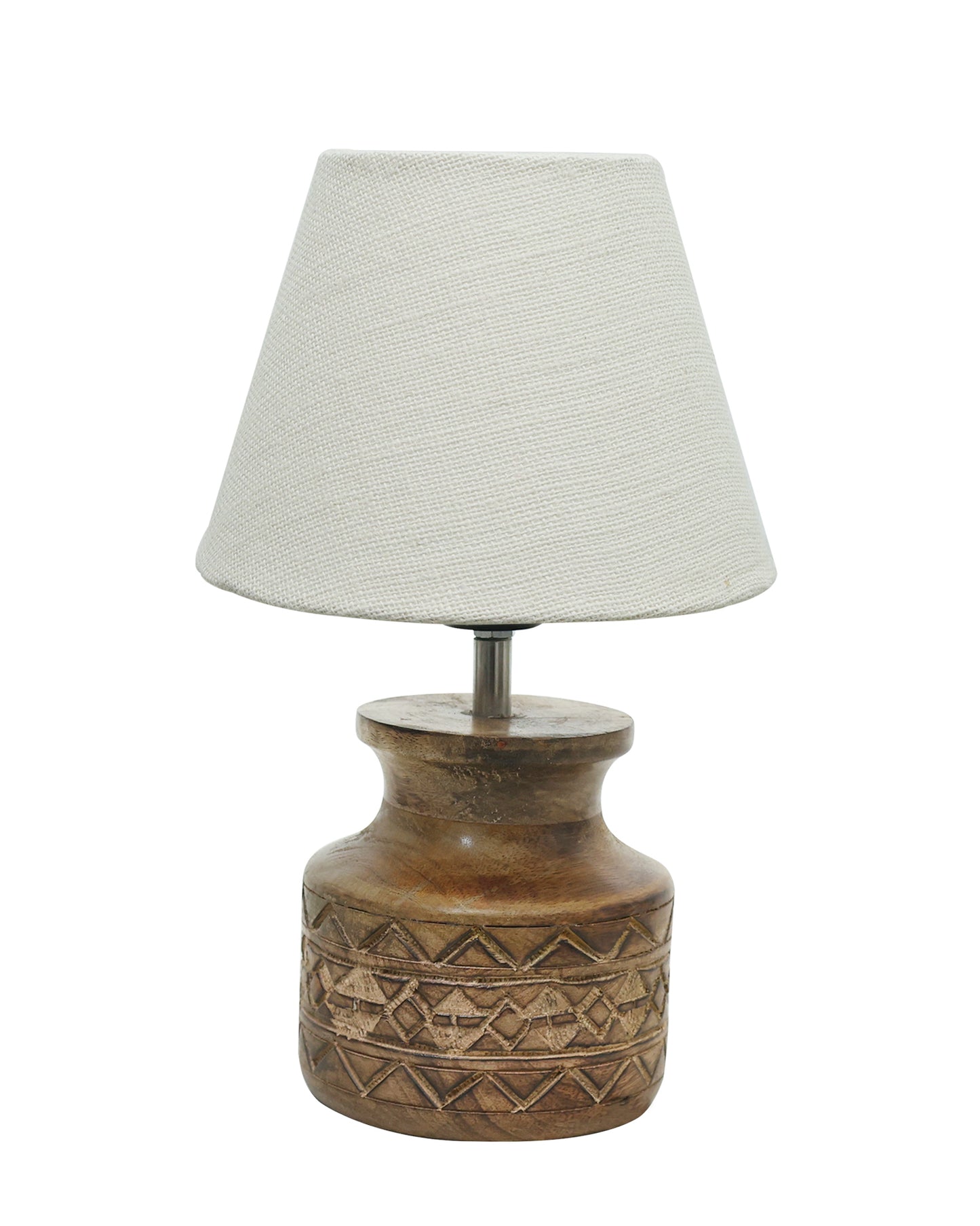 Wood Table Lamp, Modern Base Fabric Lampshade for Home Office Cafe Restaurant, Carved Pot, White Jute