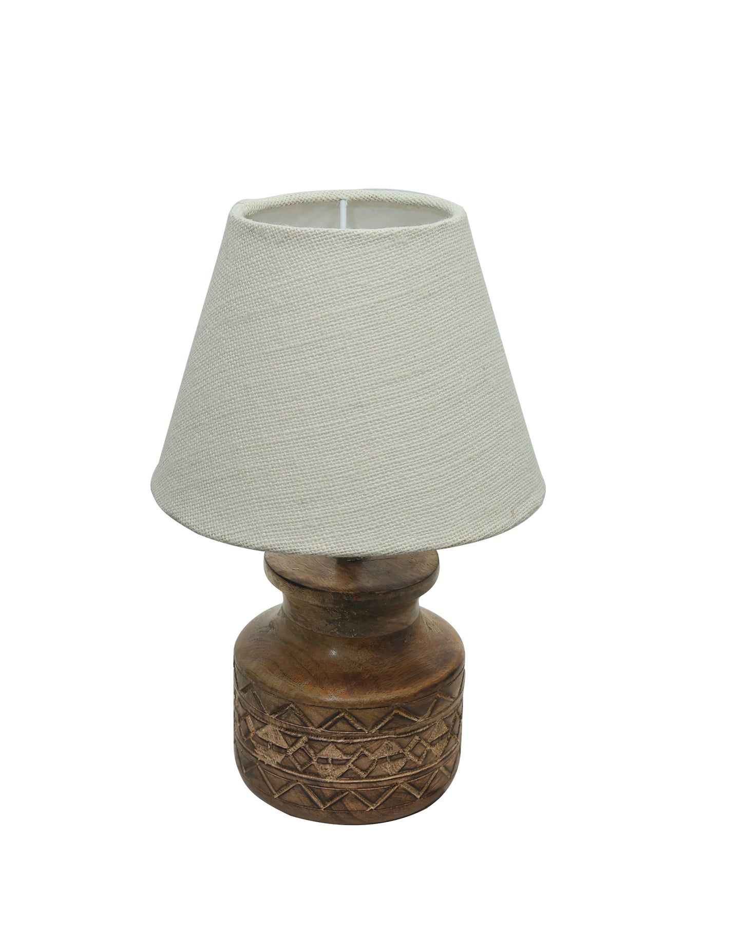 Wood Table Lamp, Modern Base Fabric Lampshade for Home Office Cafe Restaurant, Carved Pot, White Jute