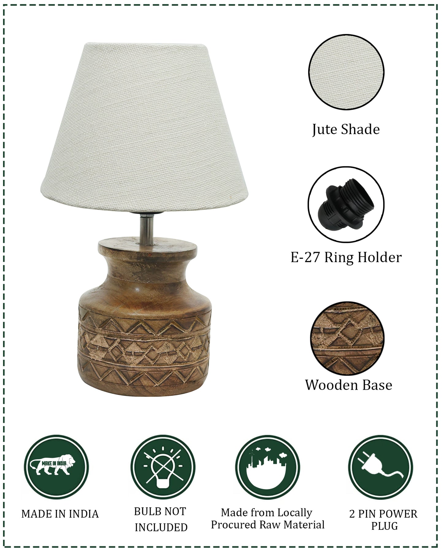 Wood Table Lamp, Modern Base Fabric Lampshade for Home Office Cafe Restaurant, Carved Pot, White Jute