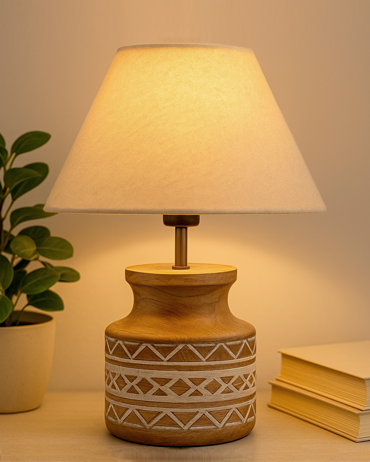 Wood Table Lamp, Modern Base Fabric Lampshade for Home Office Cafe Restaurant, Whitewash Pot