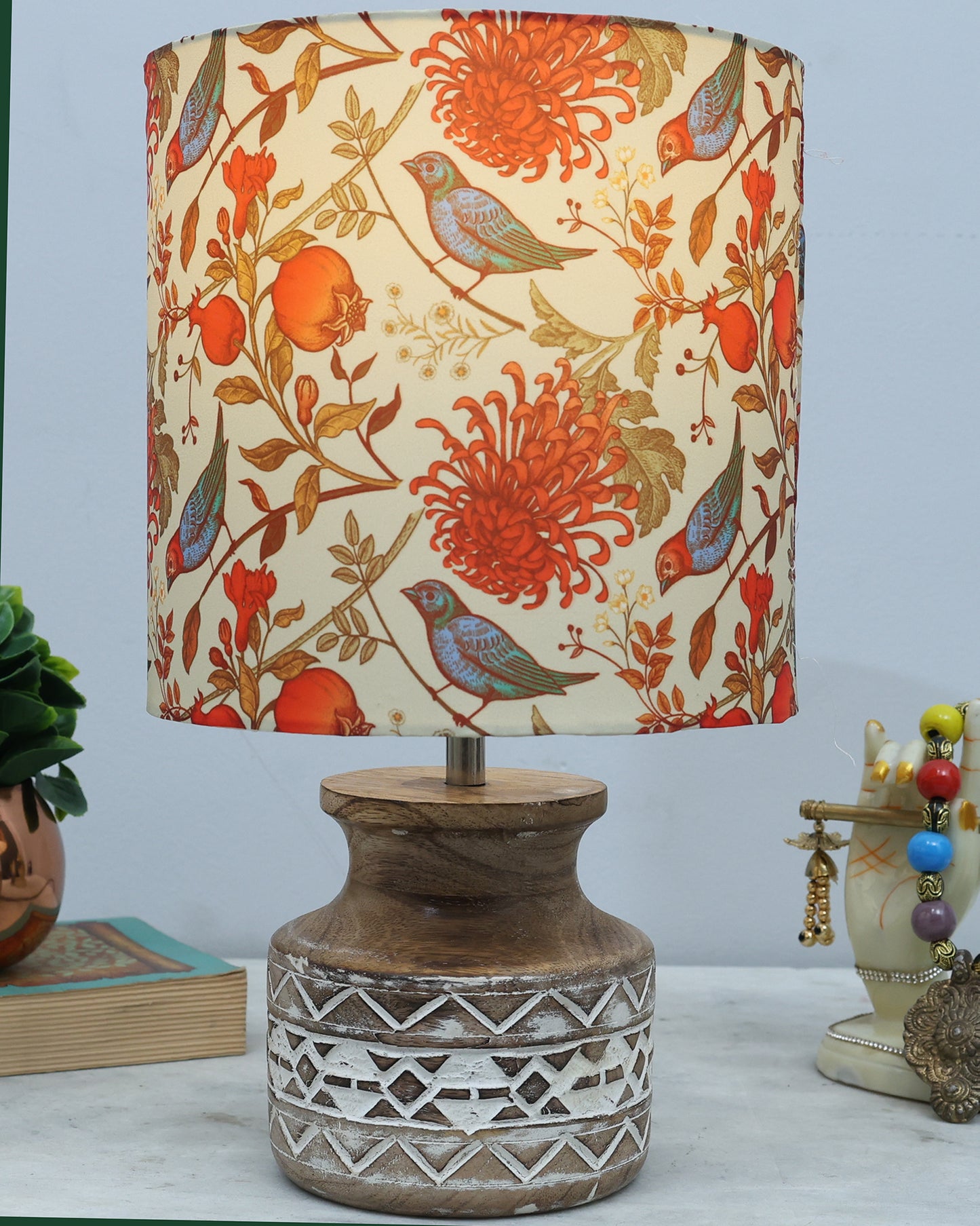 Wood Table Lamp, Modern Base Fabric Lampshade for Home Office Cafe Restaurant, Whitewash Pot