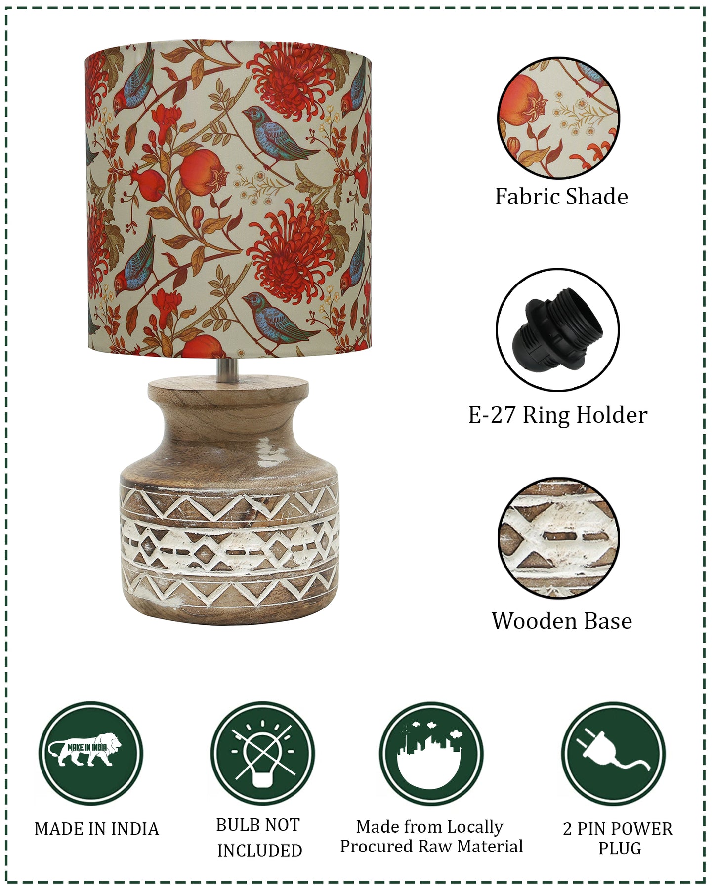 Wood Table Lamp, Modern Base Fabric Lampshade for Home Office Cafe Restaurant, Whitewash Pot