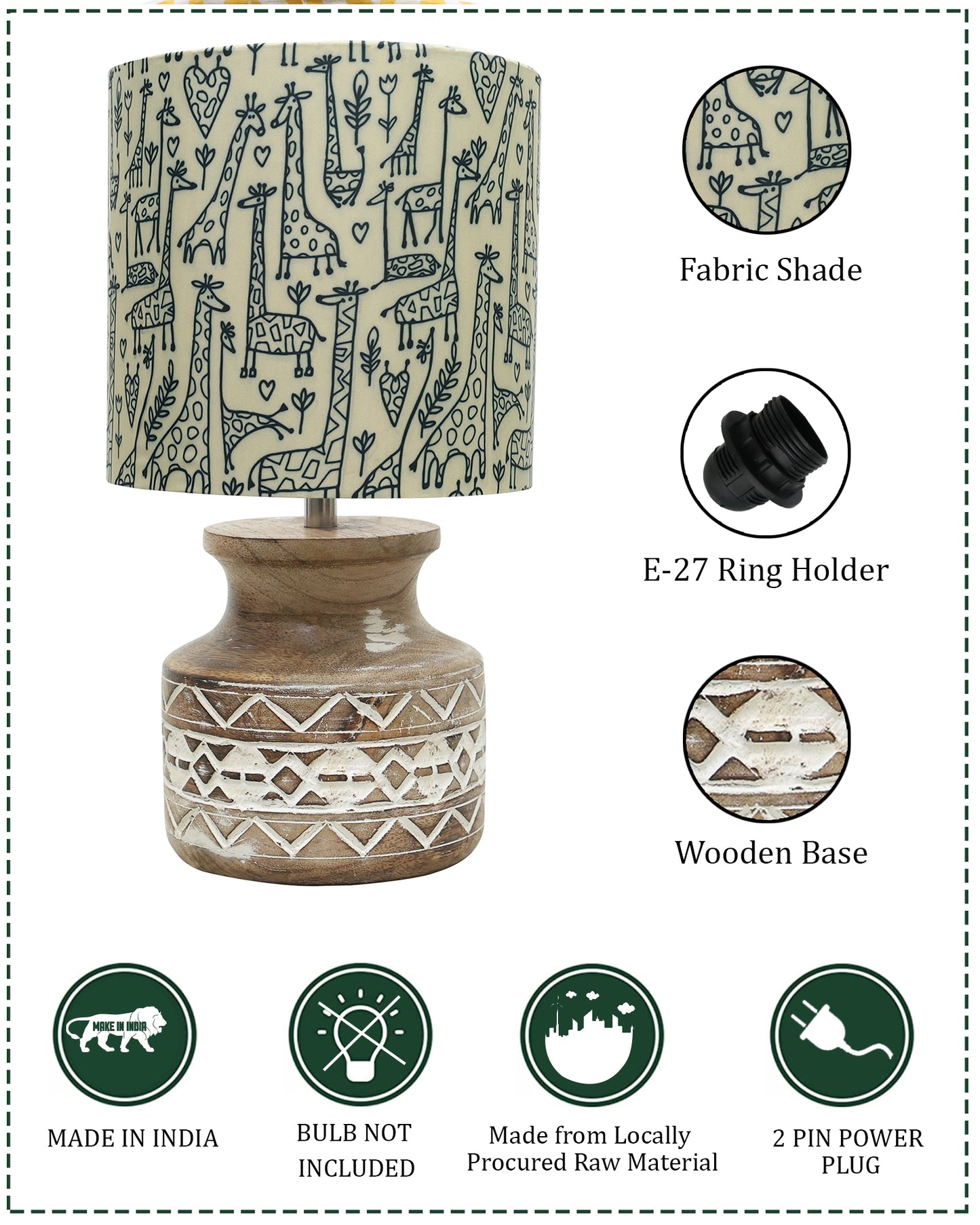 Wood Table Lamp, Modern Base Fabric Lampshade for Home Office Cafe Restaurant, Whitewash Pot