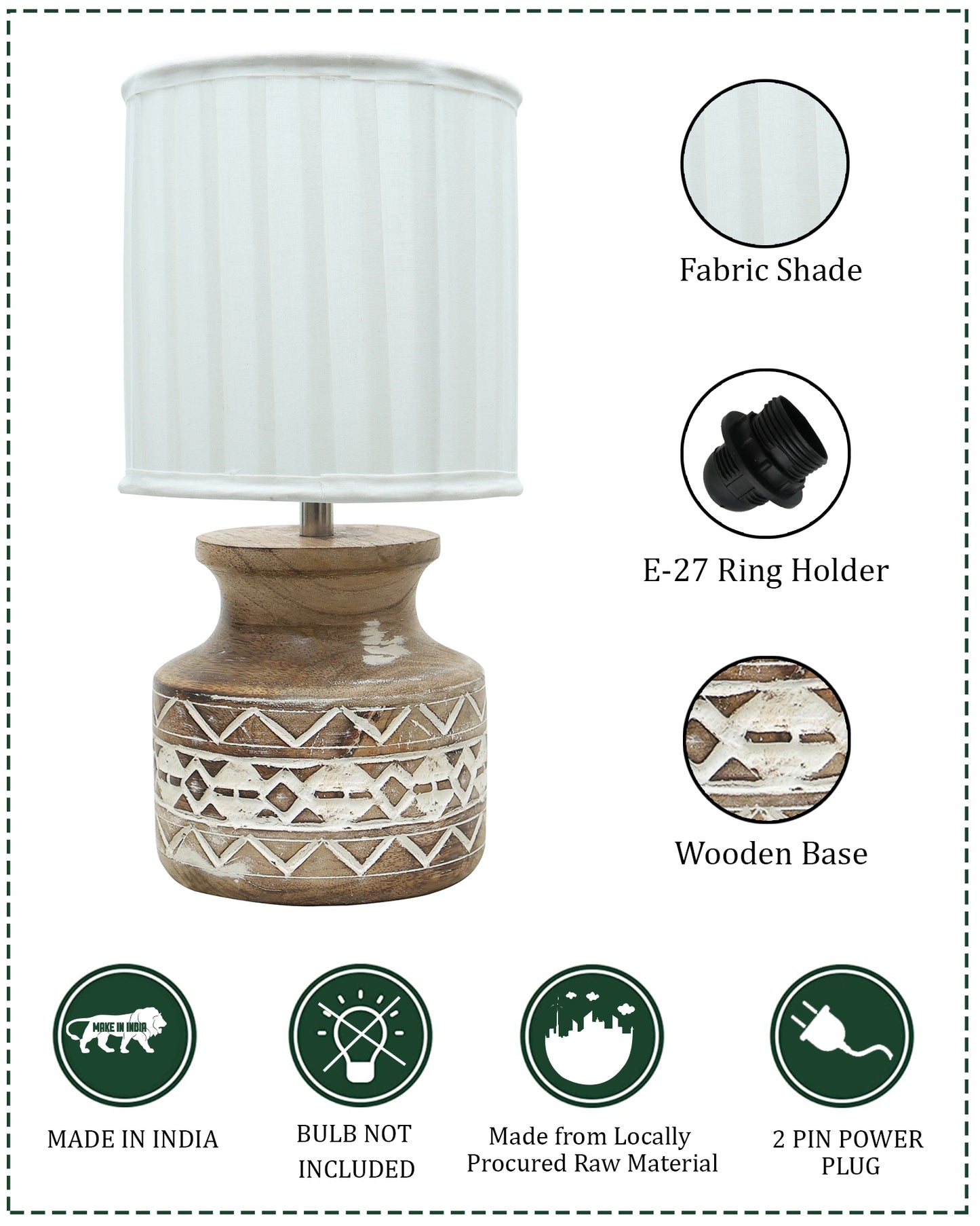 Wood Table Lamp, Modern Base Fabric Lampshade for Home Office Cafe Restaurant, Whitewash Pot