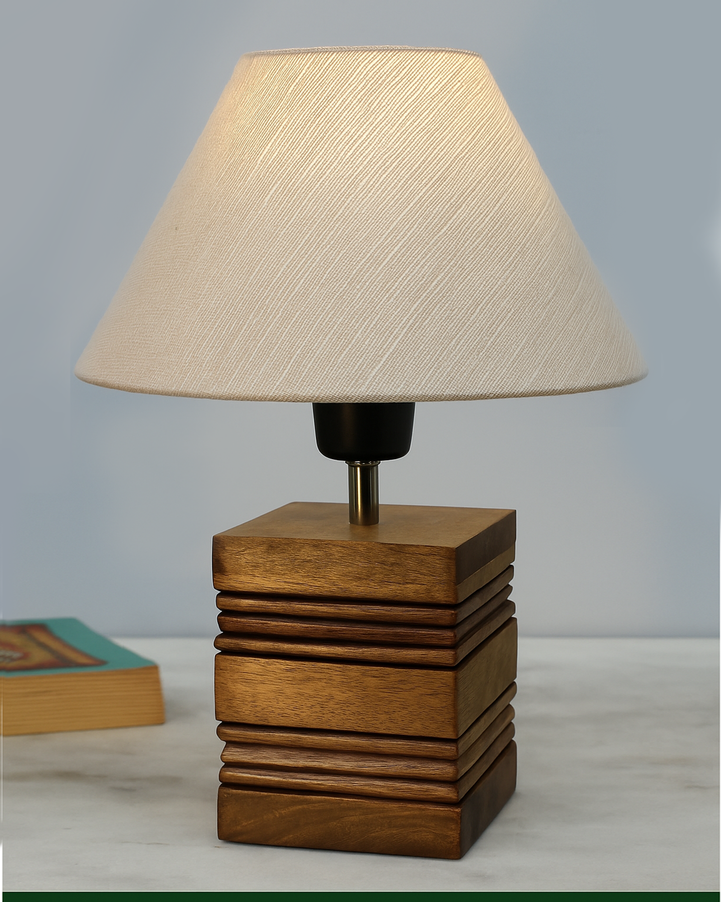 Wood Table Lamp, Modern Base Fabric Lampshade for Home Office Cafe Restaurant, Rib Cube