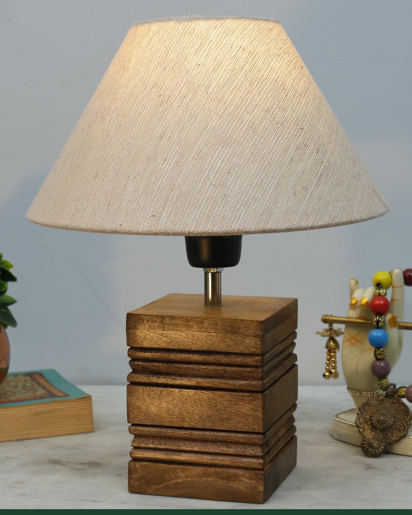 Wood Table Lamp, Modern Base Fabric Lampshade for Home Office Cafe Restaurant, Rib Cube