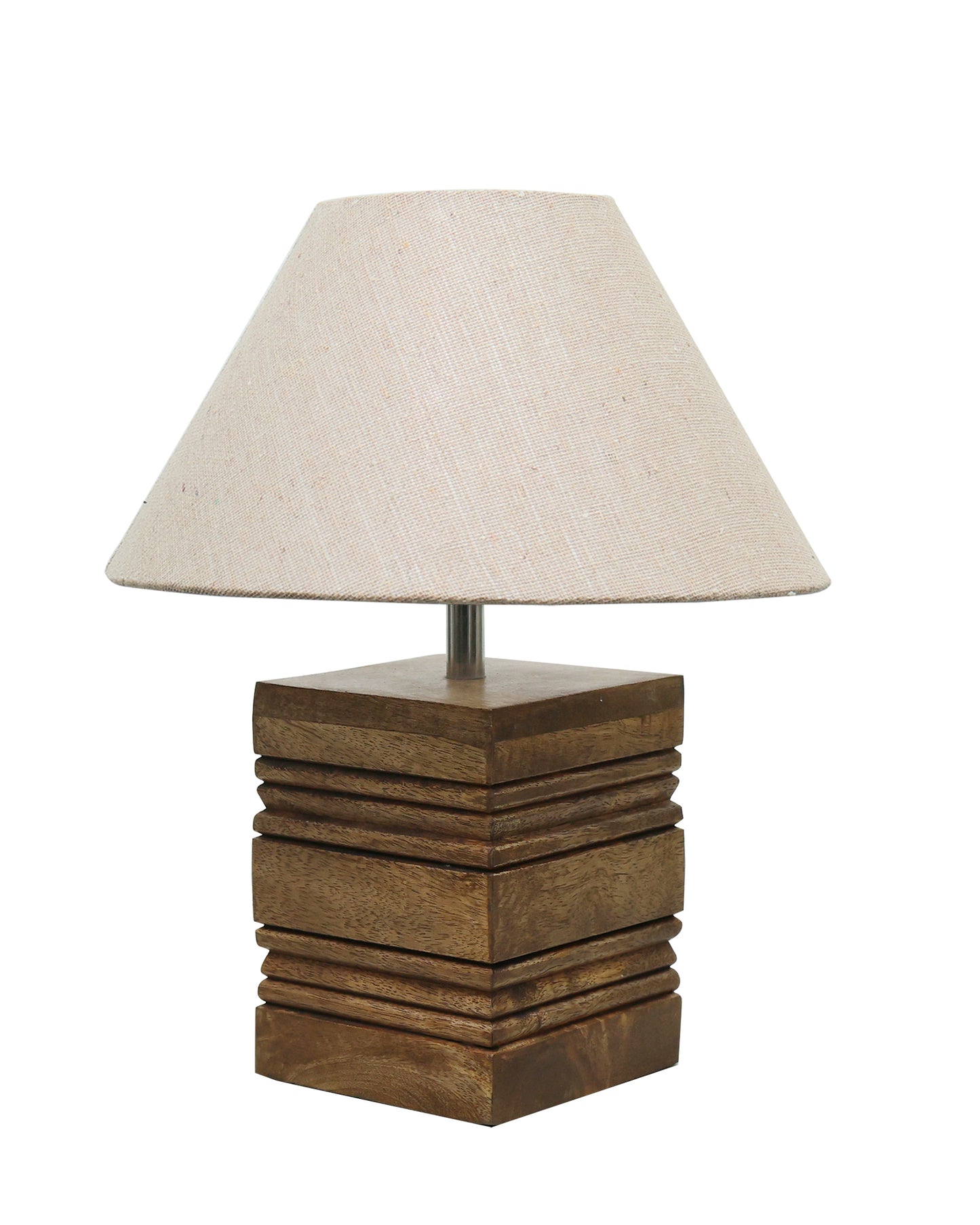 Wood Table Lamp, Modern Base Fabric Lampshade for Home Office Cafe Restaurant, Rib Cube