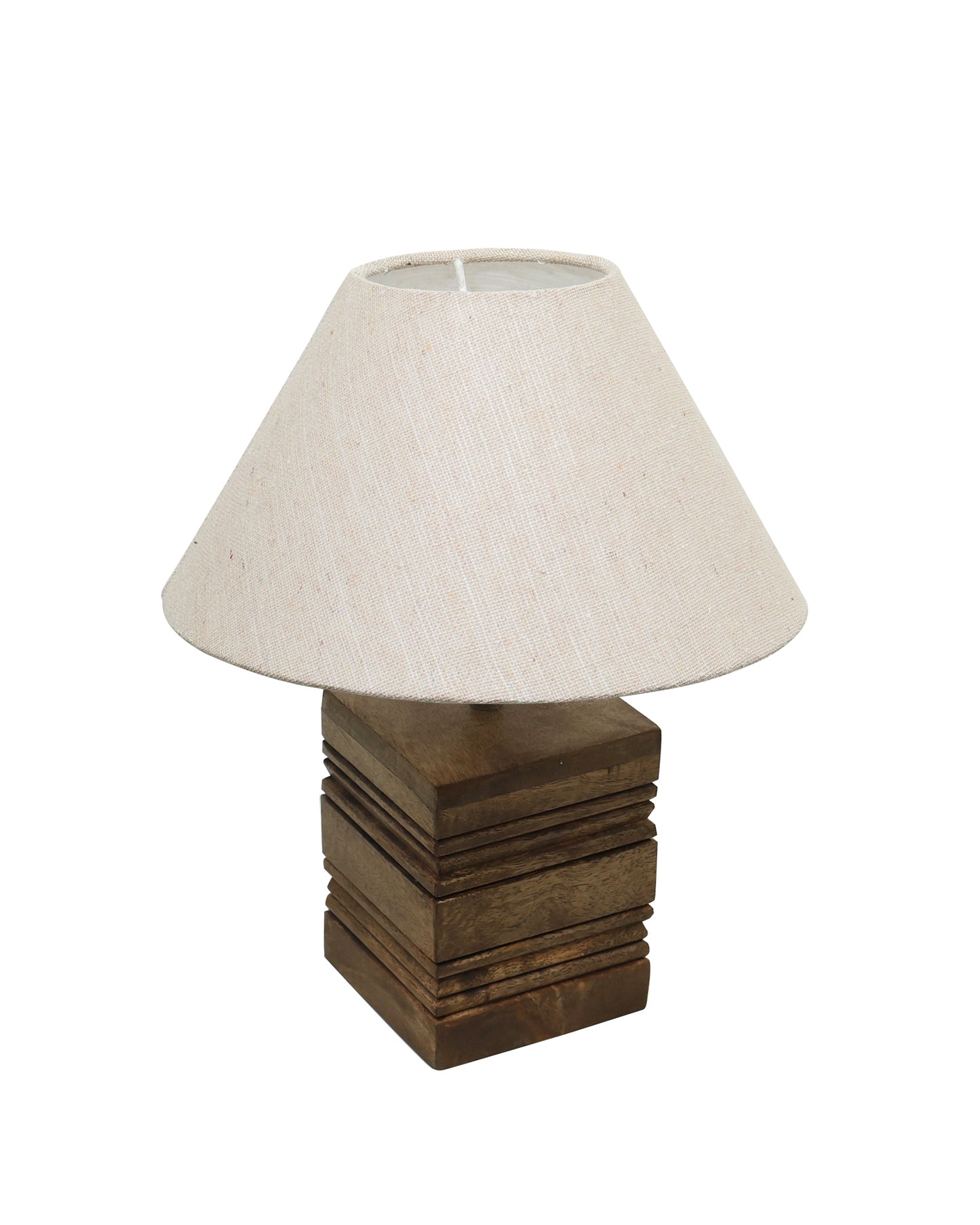 Wood Table Lamp, Modern Base Fabric Lampshade for Home Office Cafe Restaurant, Rib Cube