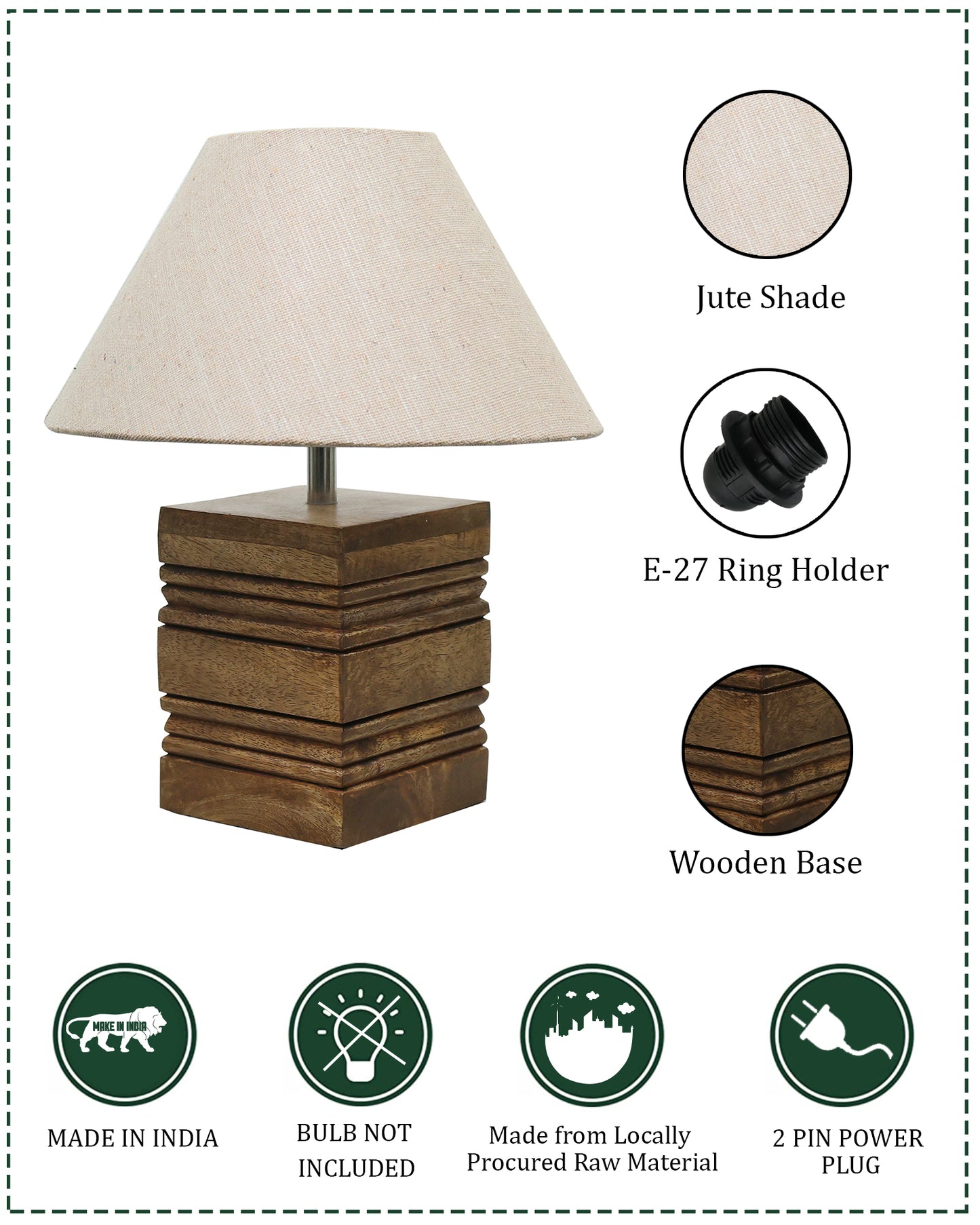 Wood Table Lamp, Modern Base Fabric Lampshade for Home Office Cafe Restaurant, Rib Cube