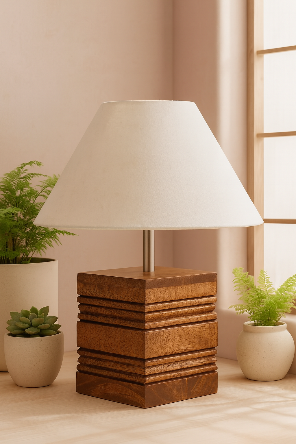 Wood Table Lamp, Modern Base Fabric Lampshade for Home Office Cafe Restaurant, Rib Cube
