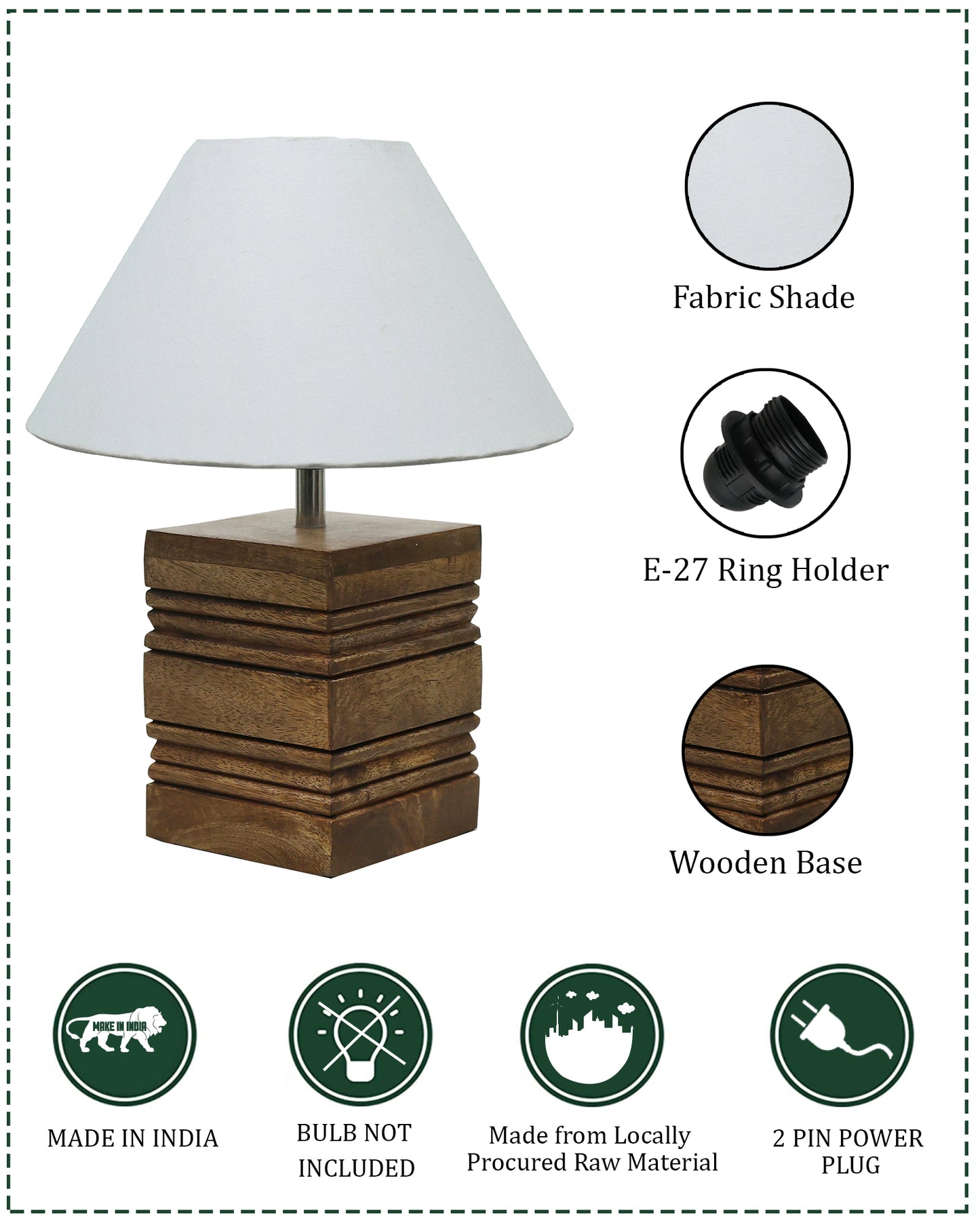Wood Table Lamp, Modern Base Fabric Lampshade for Home Office Cafe Restaurant, Rib Cube