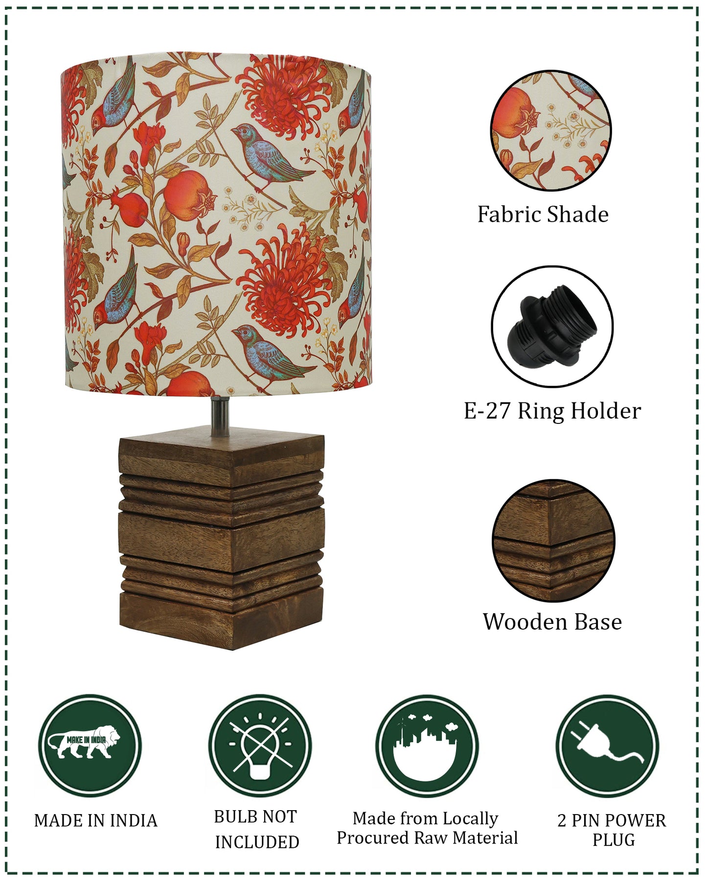 Wood Table Lamp, Modern Base Fabric Lampshade for Home Office Cafe Restaurant, Rib Cube