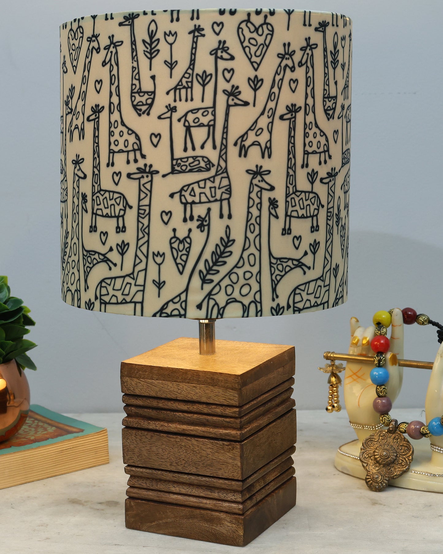 Wood Table Lamp, Modern Base Fabric Lampshade for Home Office Cafe Restaurant, Rib Cube