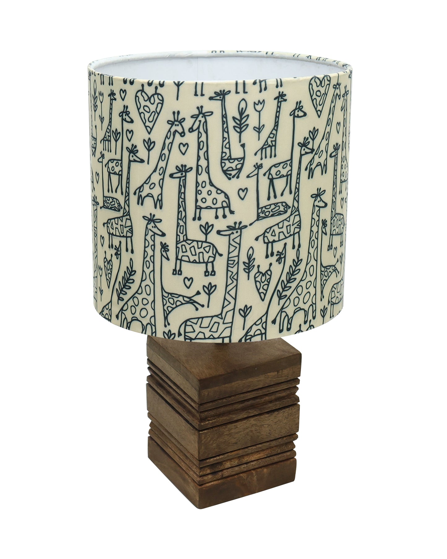 Wood Table Lamp, Modern Base Fabric Lampshade for Home Office Cafe Restaurant, Rib Cube