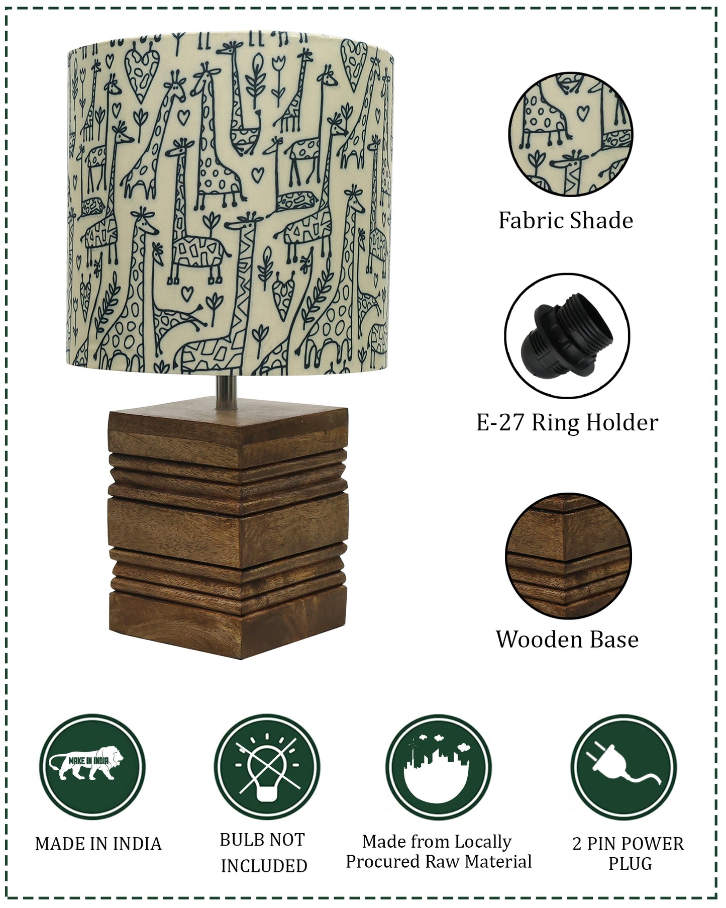Wood Table Lamp, Modern Base Fabric Lampshade for Home Office Cafe Restaurant, Rib Cube