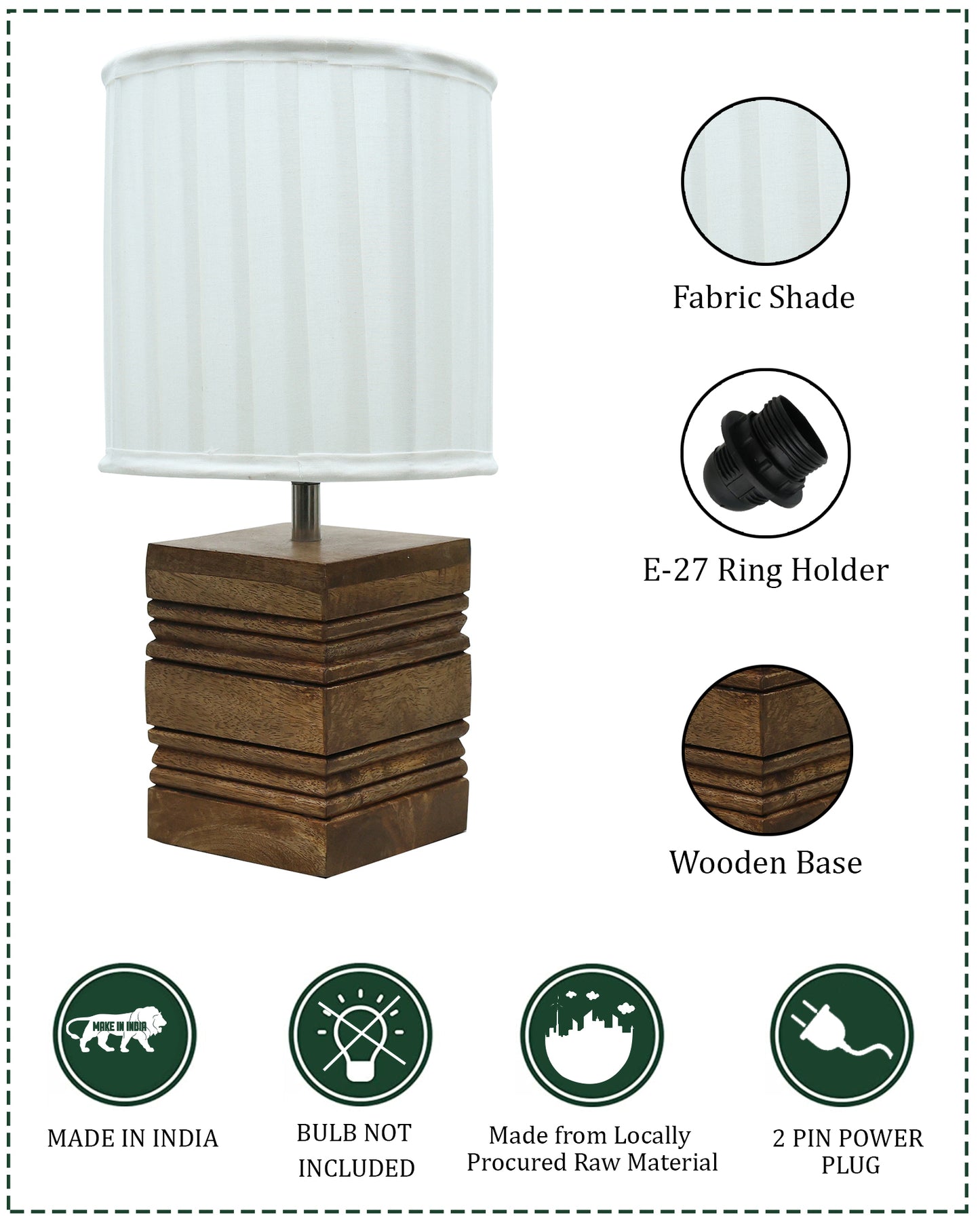 Wood Table Lamp, Modern Base Fabric Lampshade for Home Office Cafe Restaurant, Rib Cube