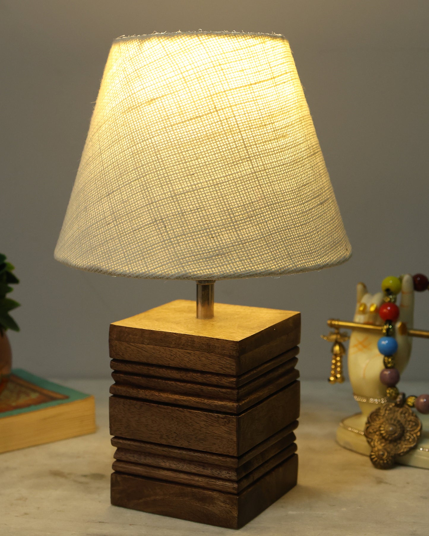 Wood Table Lamp, Modern Base Fabric Lampshade for Home Office Cafe Restaurant, Rib Cube