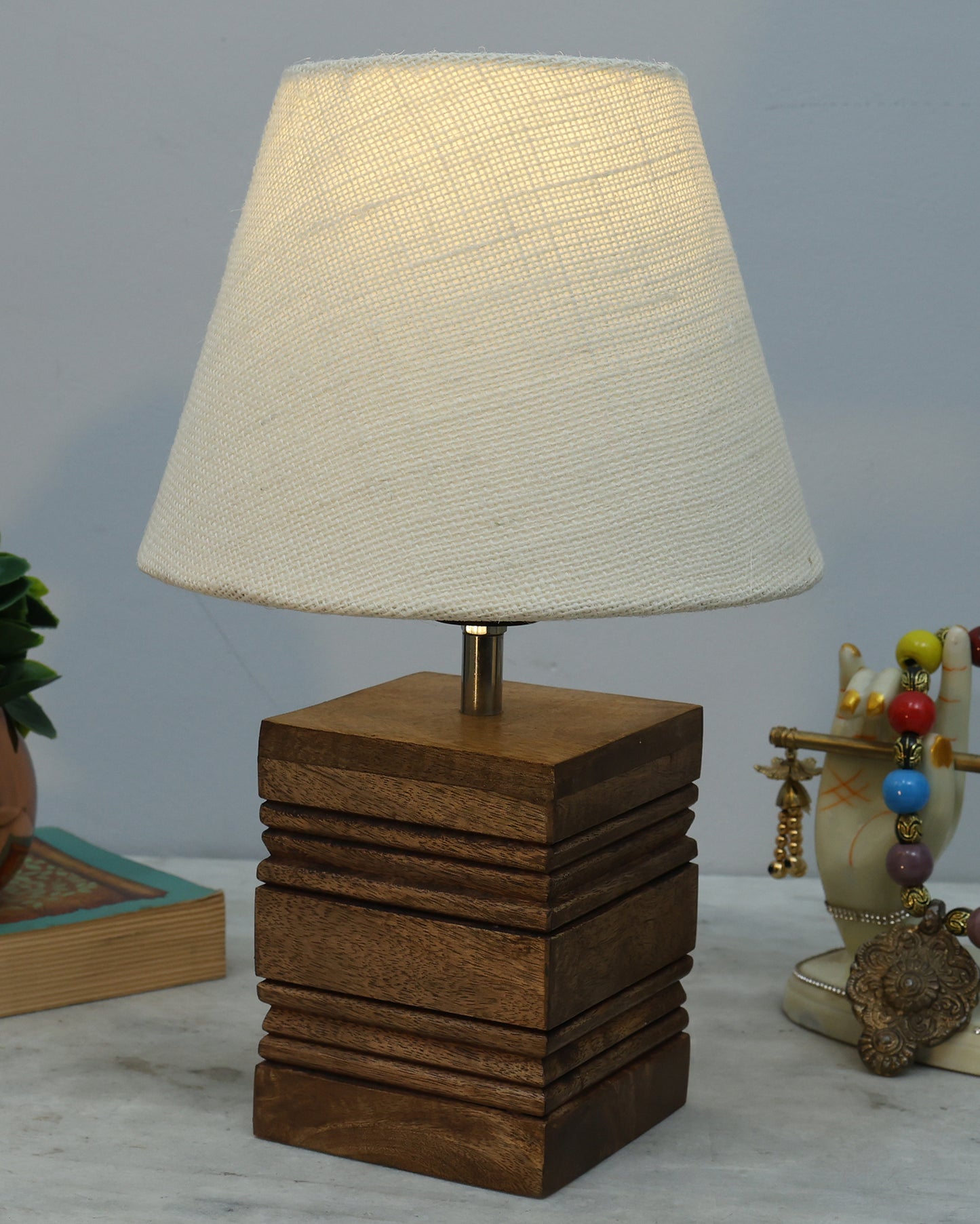 Wood Table Lamp, Modern Base Fabric Lampshade for Home Office Cafe Restaurant, Rib Cube