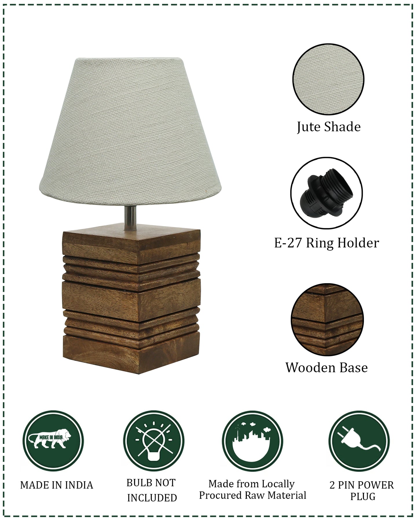Wood Table Lamp, Modern Base Fabric Lampshade for Home Office Cafe Restaurant, Rib Cube