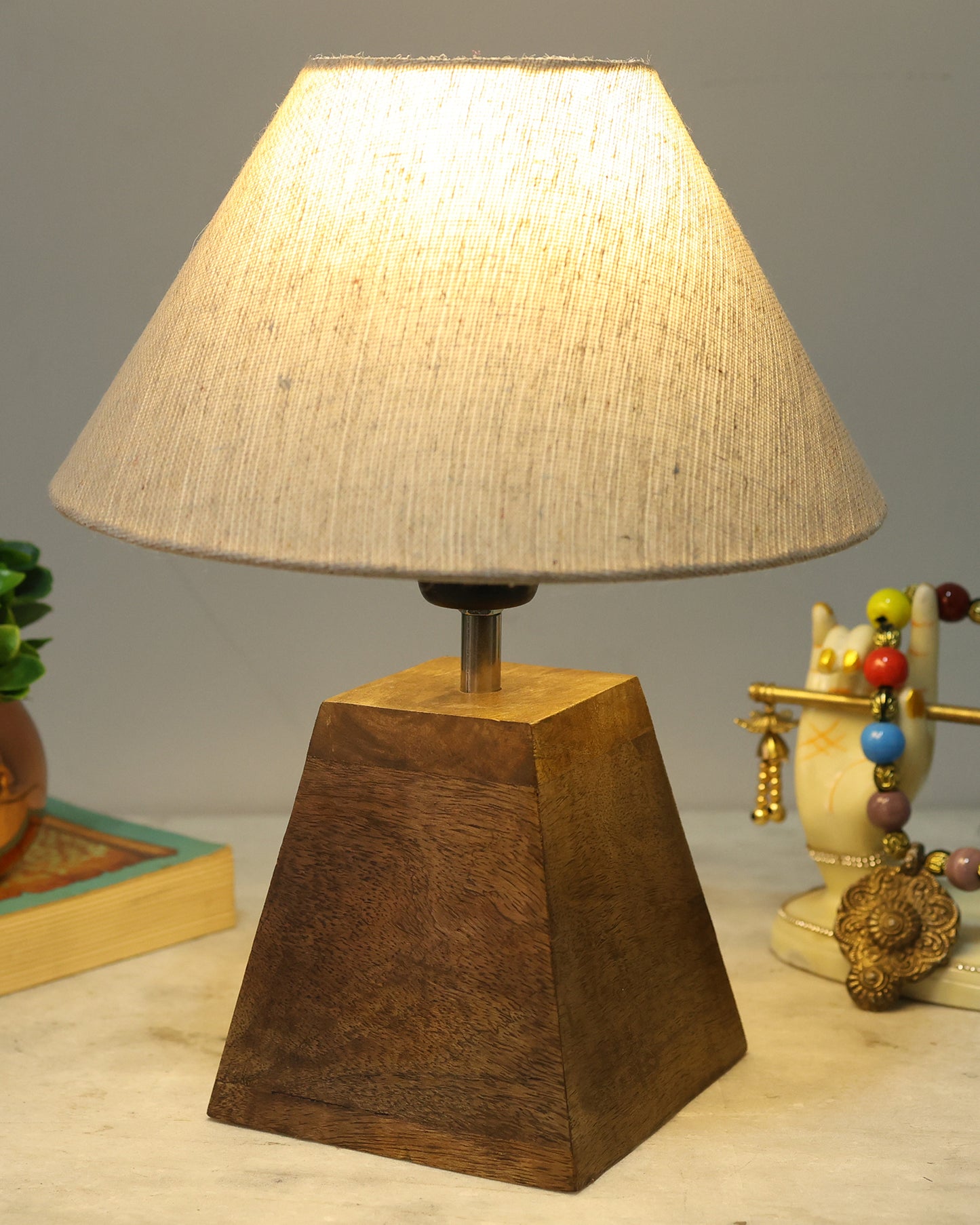 Wood Table Lamp, Modern Base Fabric Lampshade for Home Office Cafe Restaurant, Pyramid