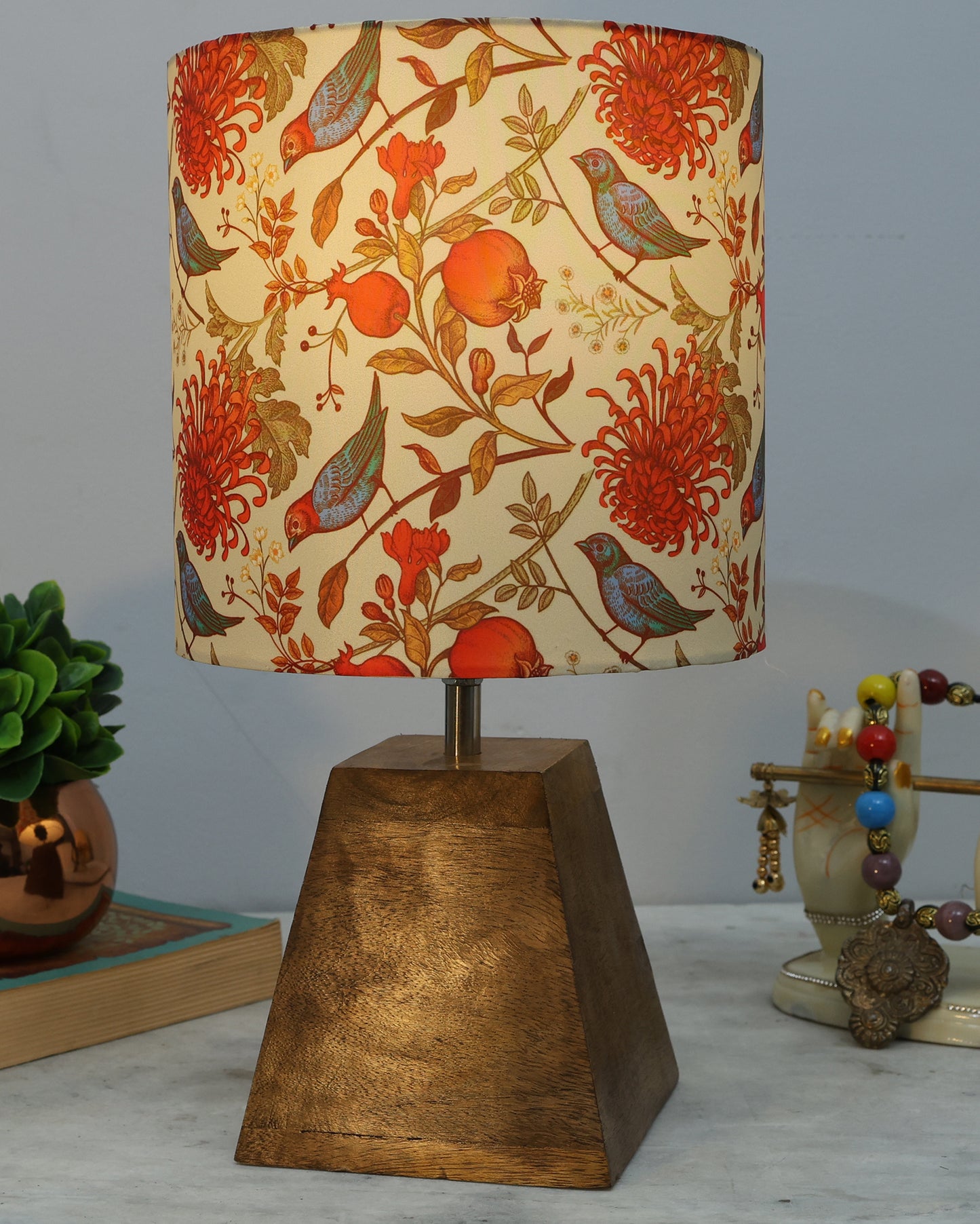 Wood Table Lamp, Modern Base Fabric Lampshade for Home Office Cafe Restaurant, Pyramid