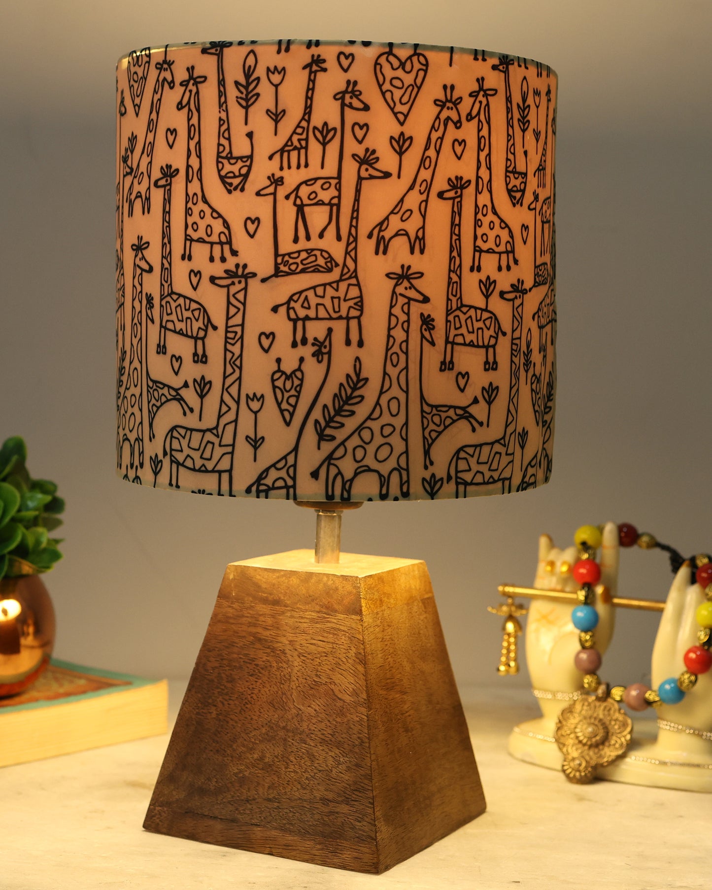 Wood Table Lamp, Modern Base Fabric Lampshade for Home Office Cafe Restaurant, Pyramid