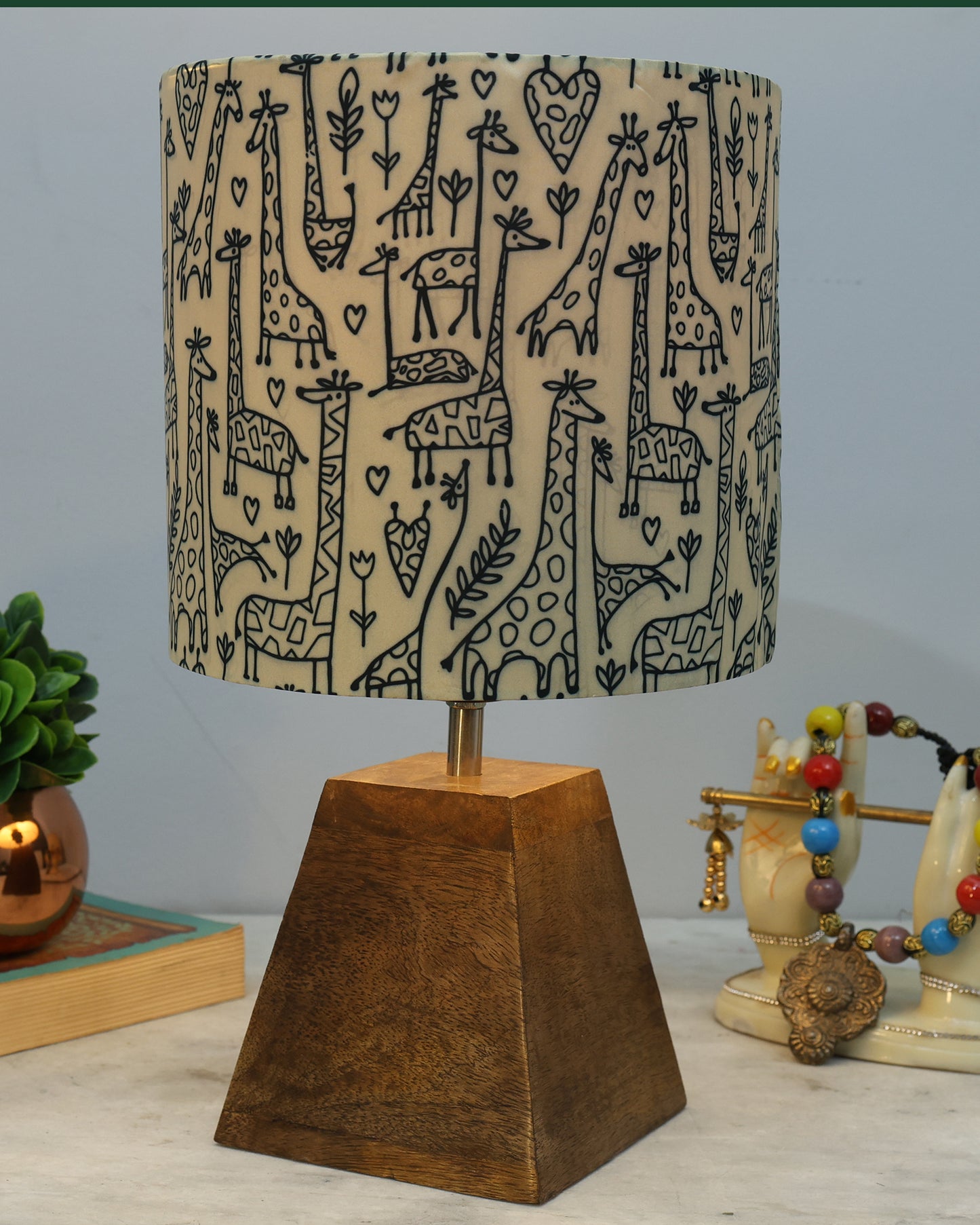 Wood Table Lamp, Modern Base Fabric Lampshade for Home Office Cafe Restaurant, Pyramid