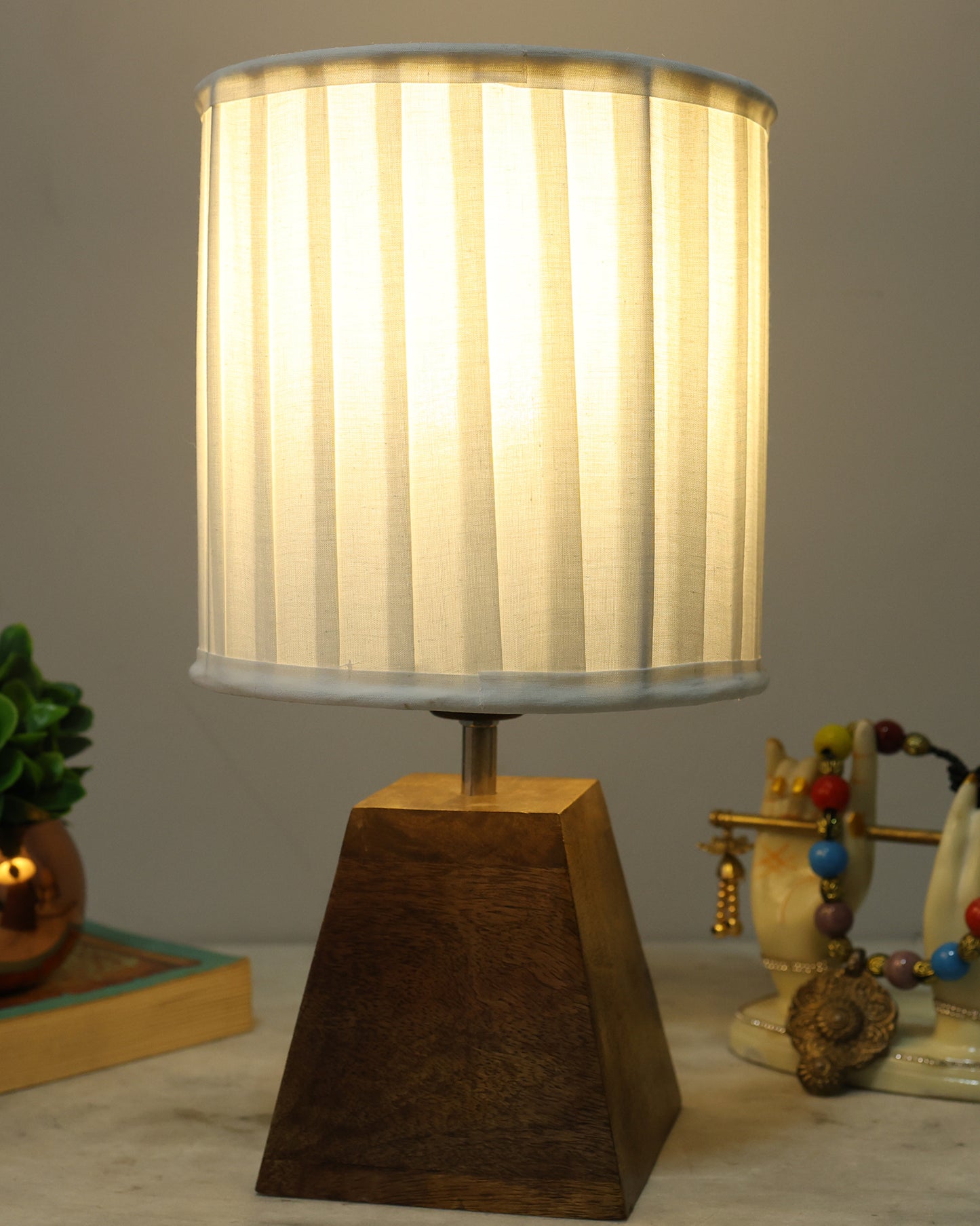 Wood Table Lamp, Modern Base Fabric Lampshade for Home Office Cafe Restaurant, Pyramid