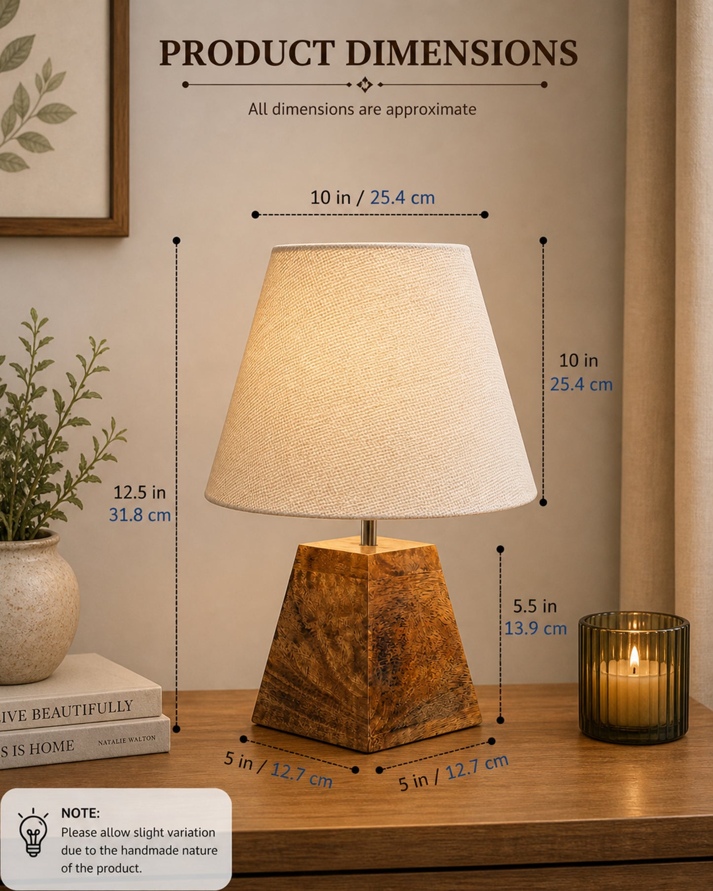 Wood Table Lamp, Modern Base Fabric Lampshade for Home Office Cafe Restaurant, Pyramid, White Jute