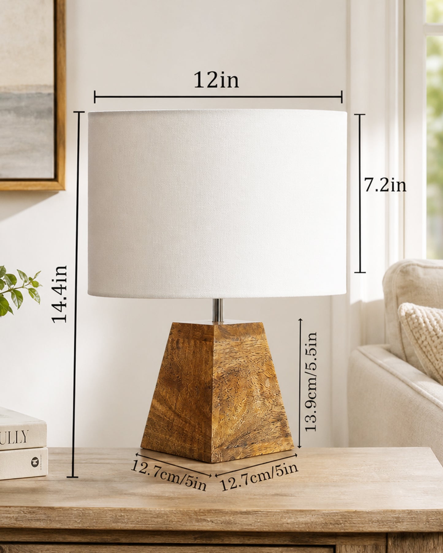 Wood Table Lamp, Modern Base Fabric Lampshade for Home Office Cafe Restaurant, Pyramid, Oval White