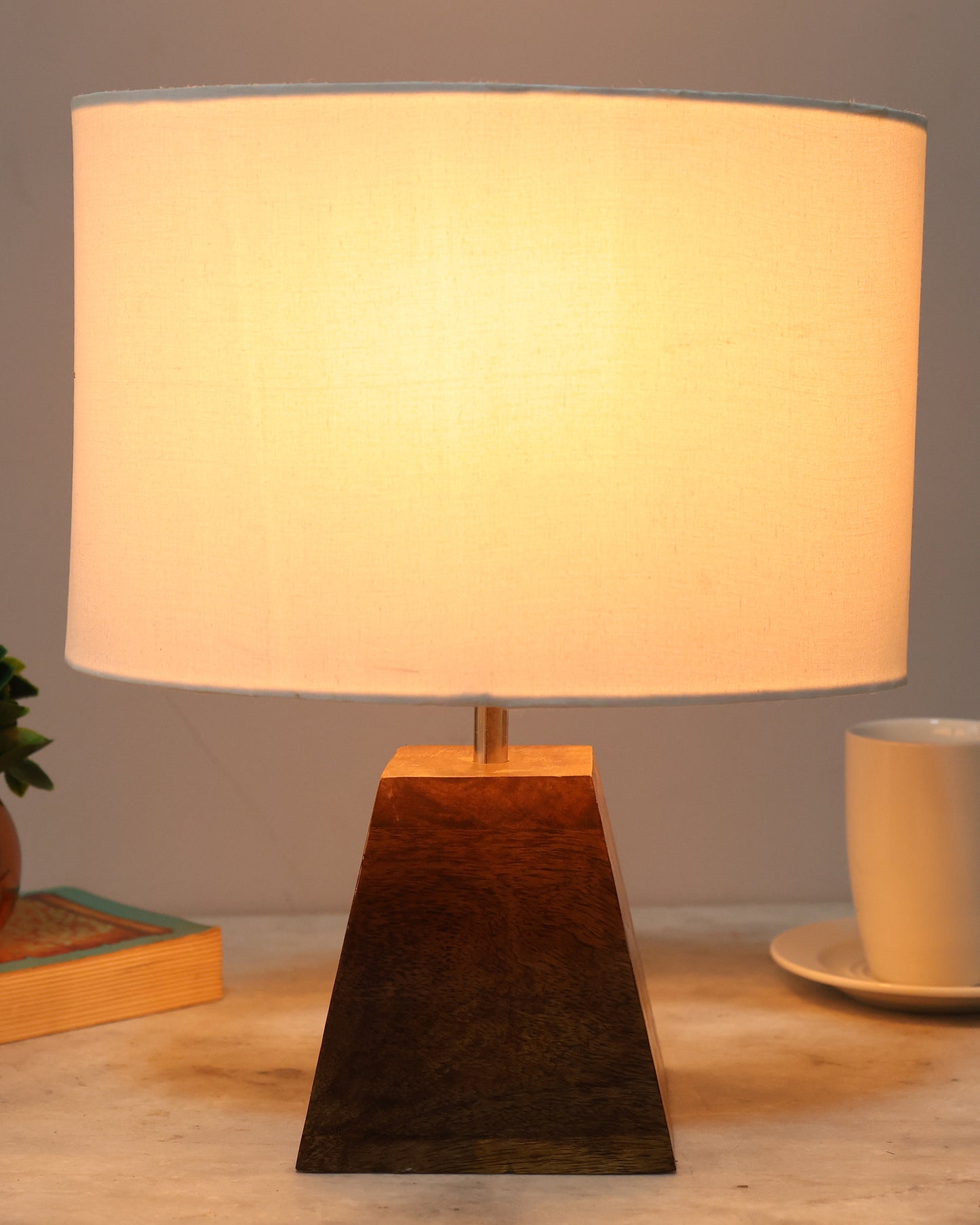 Wood Table Lamp, Modern Base Fabric Lampshade for Home Office Cafe Restaurant, Pyramid, Oval White