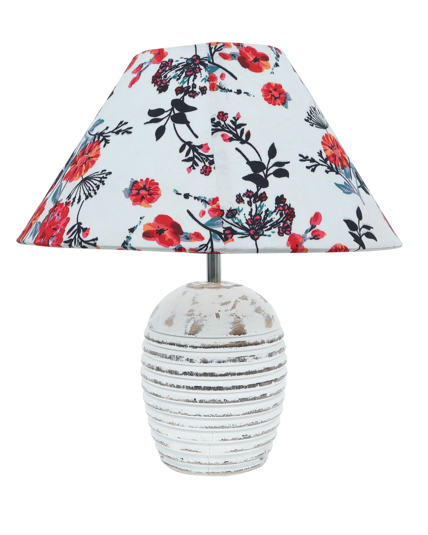 Ribbed Basket Table Lamp, Wooden Base Modern Fabric Lampshade for Home Office Cafe Restaurant