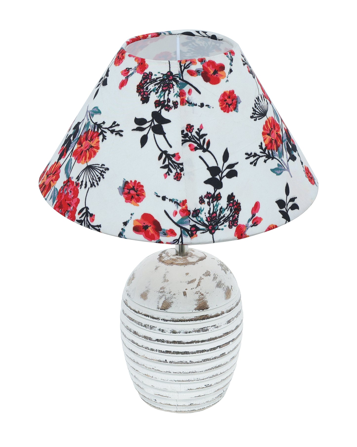 Ribbed Basket Table Lamp, Wooden Base Modern Fabric Lampshade for Home Office Cafe Restaurant