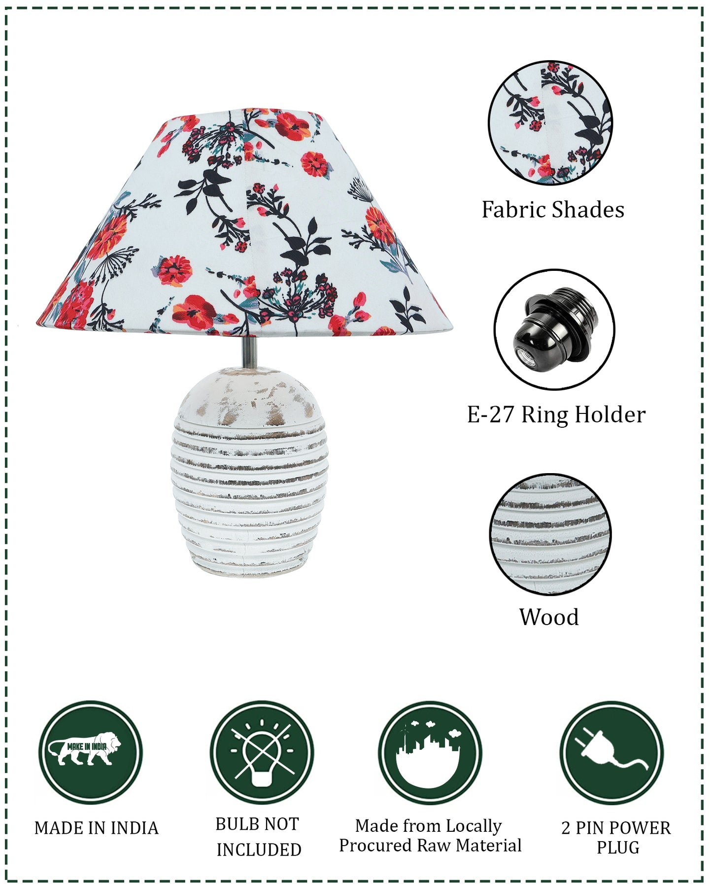 Ribbed Basket Table Lamp, Wooden Base Modern Fabric Lampshade for Home Office Cafe Restaurant