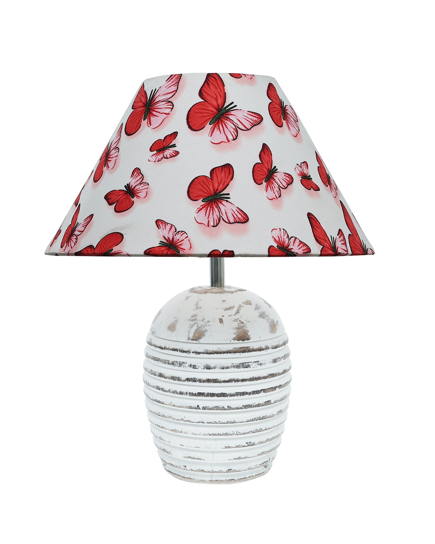 Ribbed Basket Table Lamp, Wooden Base Modern Fabric Lampshade for Home Office Cafe Restaurant