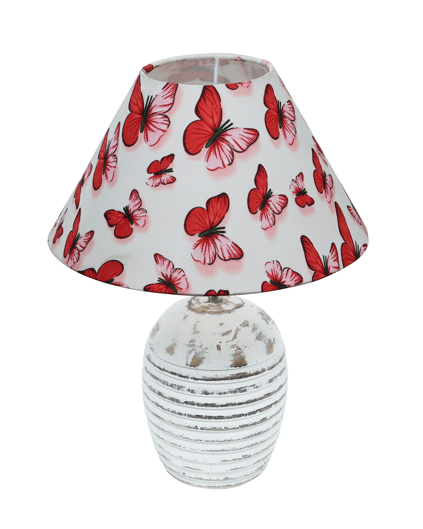 Ribbed Basket Table Lamp, Wooden Base Modern Fabric Lampshade for Home Office Cafe Restaurant