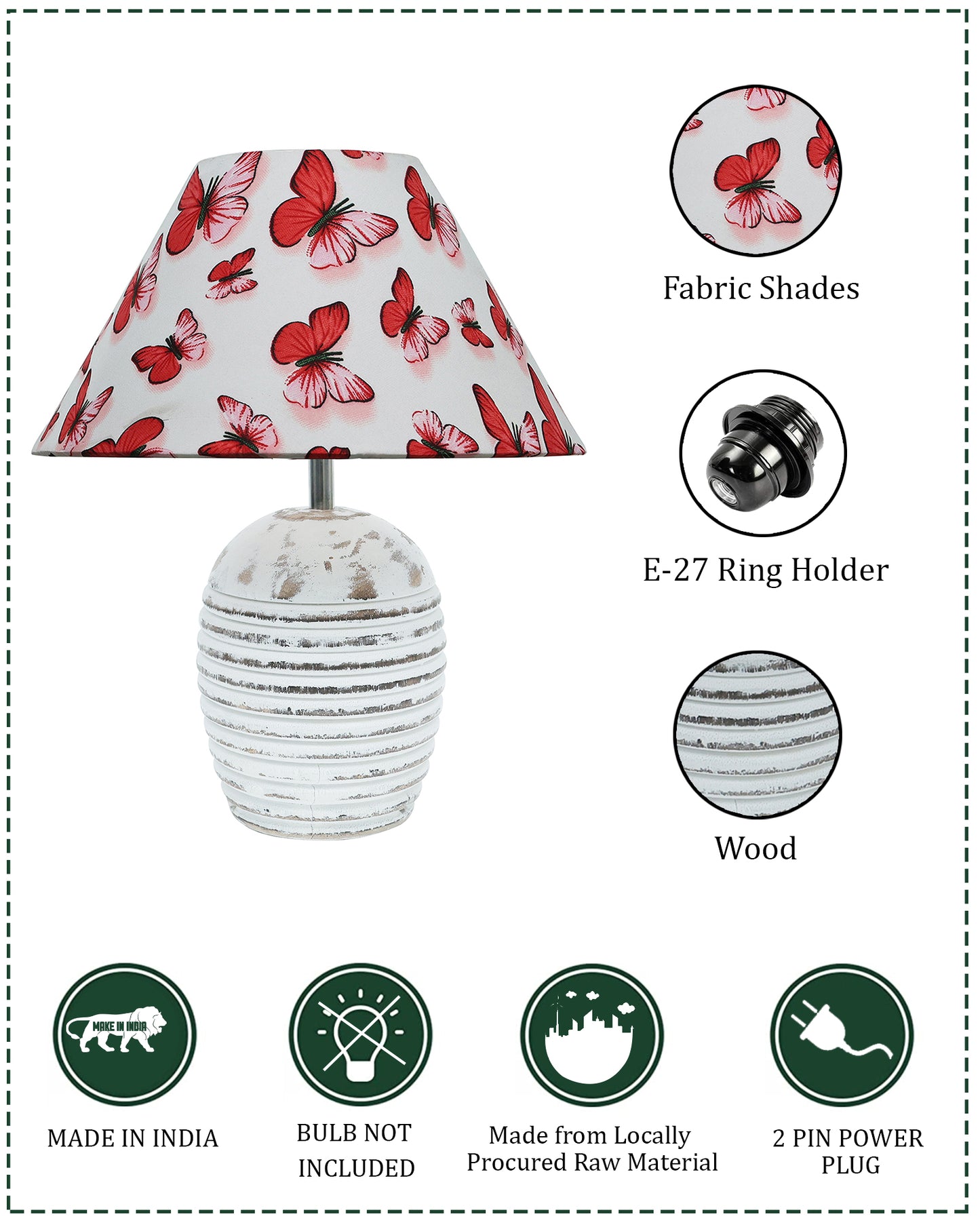 Ribbed Basket Table Lamp, Wooden Base Modern Fabric Lampshade for Home Office Cafe Restaurant