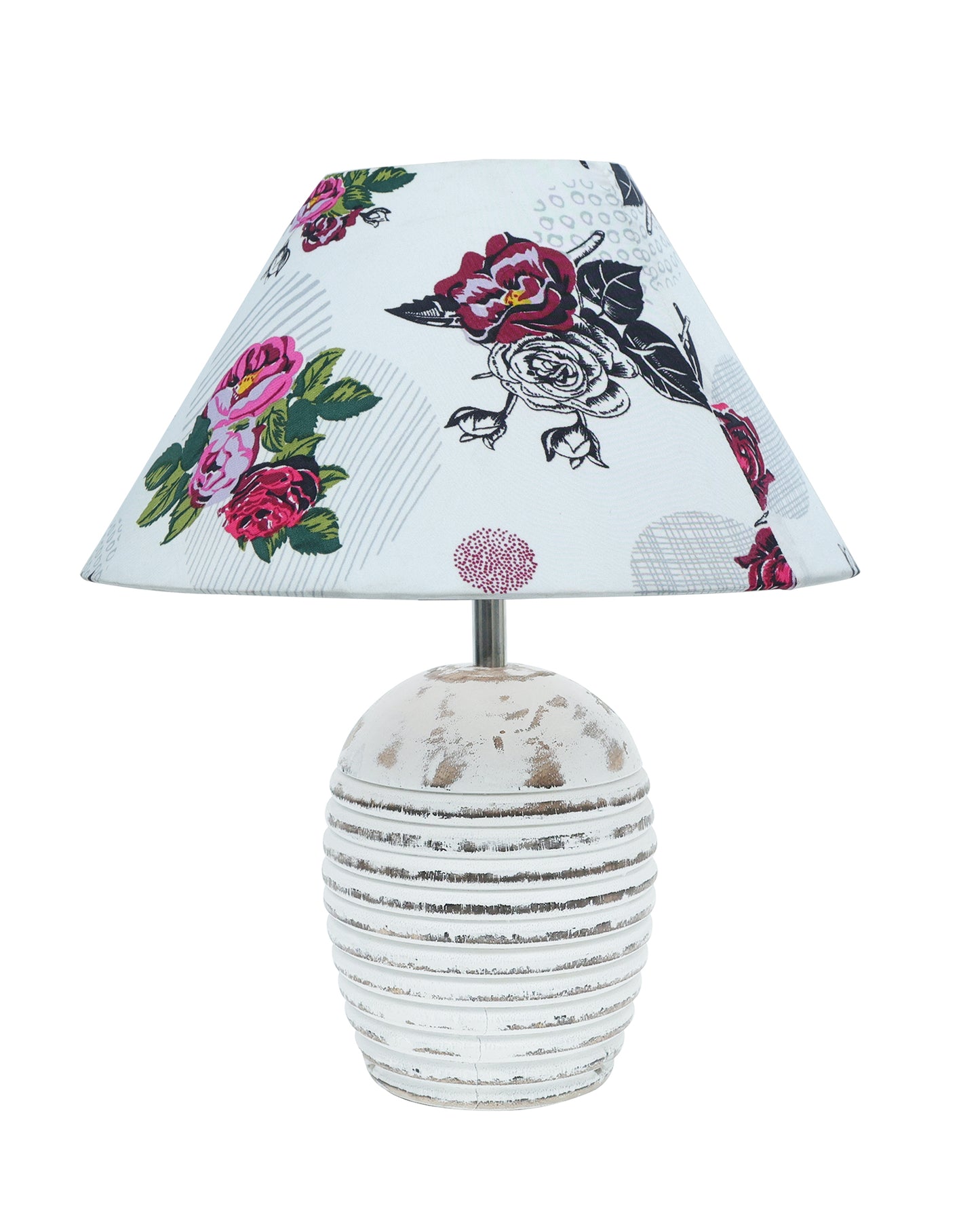Ribbed Basket Table Lamp, Wooden Base Modern Fabric Lampshade for Home Office Cafe Restaurant