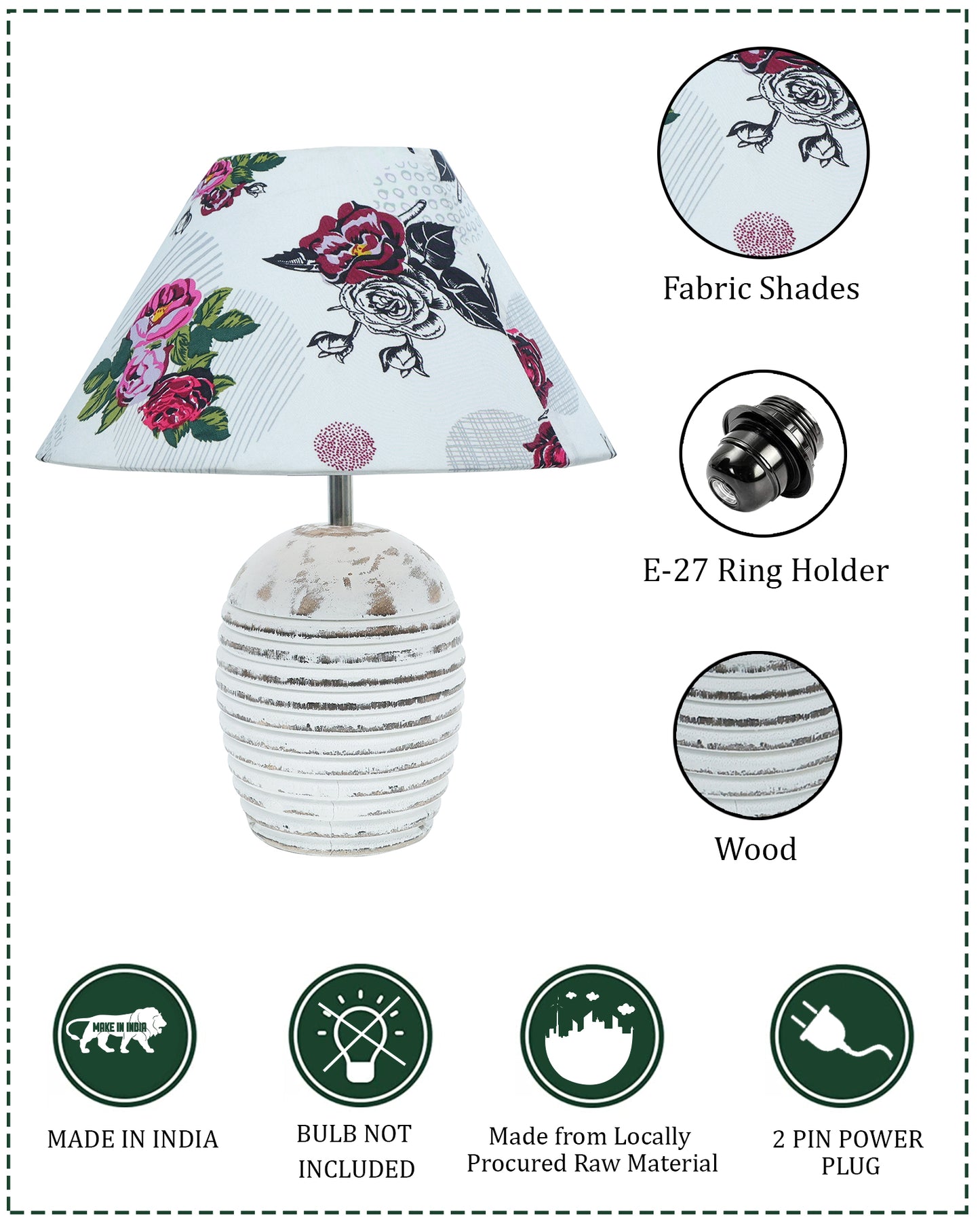 Ribbed Basket Table Lamp, Wooden Base Modern Fabric Lampshade for Home Office Cafe Restaurant