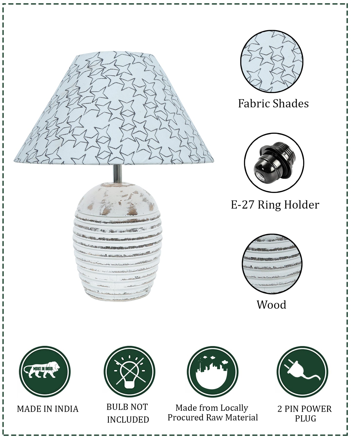 Ribbed Basket Table Lamp, Wooden Base Modern Fabric Lampshade for Home Office Cafe Restaurant