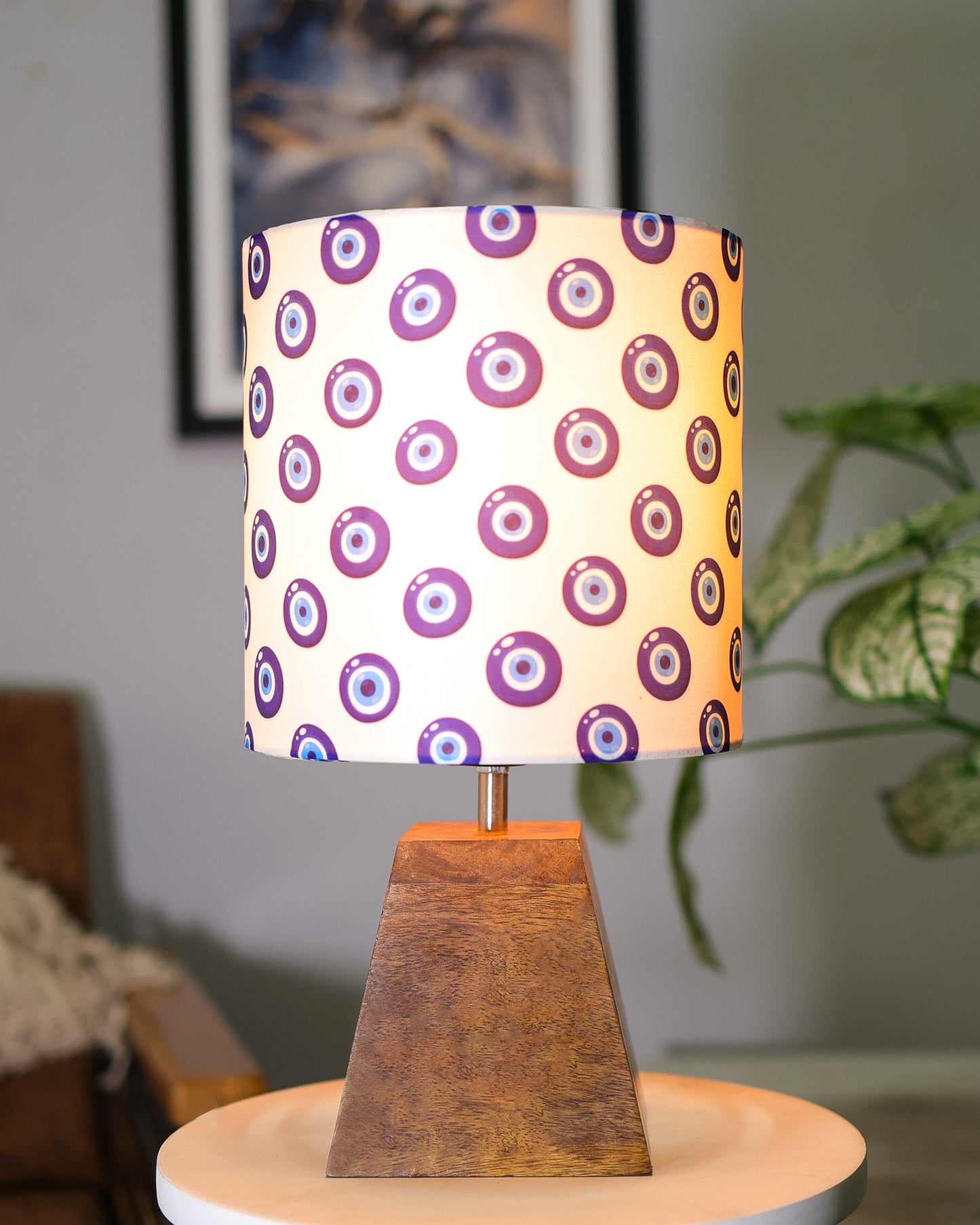 Wood Table Lamp, Modern Base Fabric Lampshade for Home Office Cafe Restaurant, Pyramid