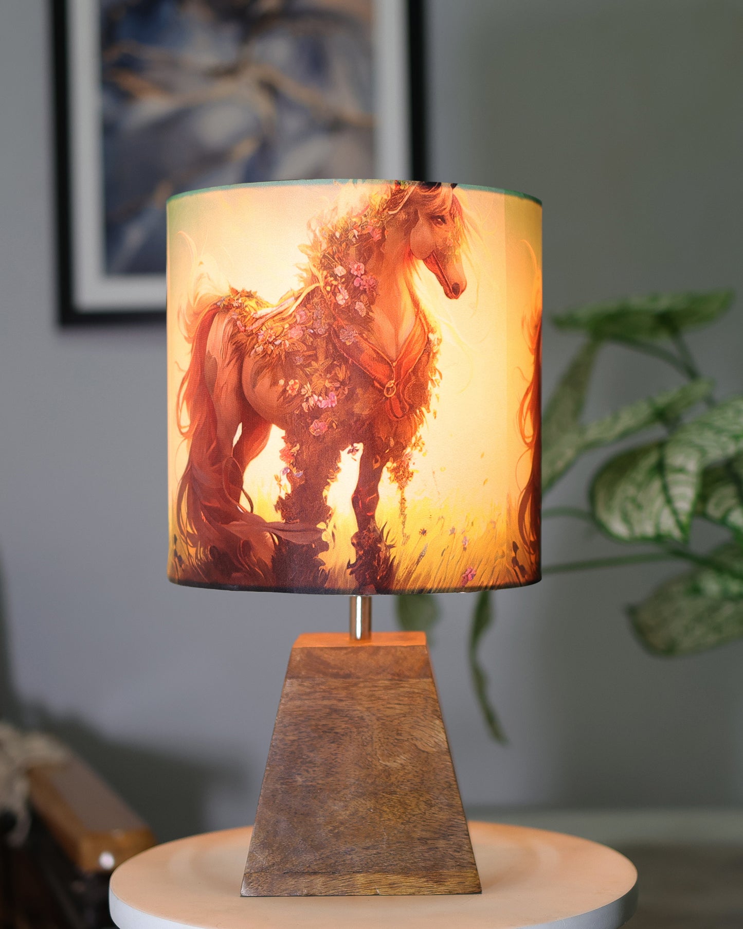 Wood Table Lamp, Modern Base Fabric Lampshade for Home Office Cafe Restaurant, Pyramid