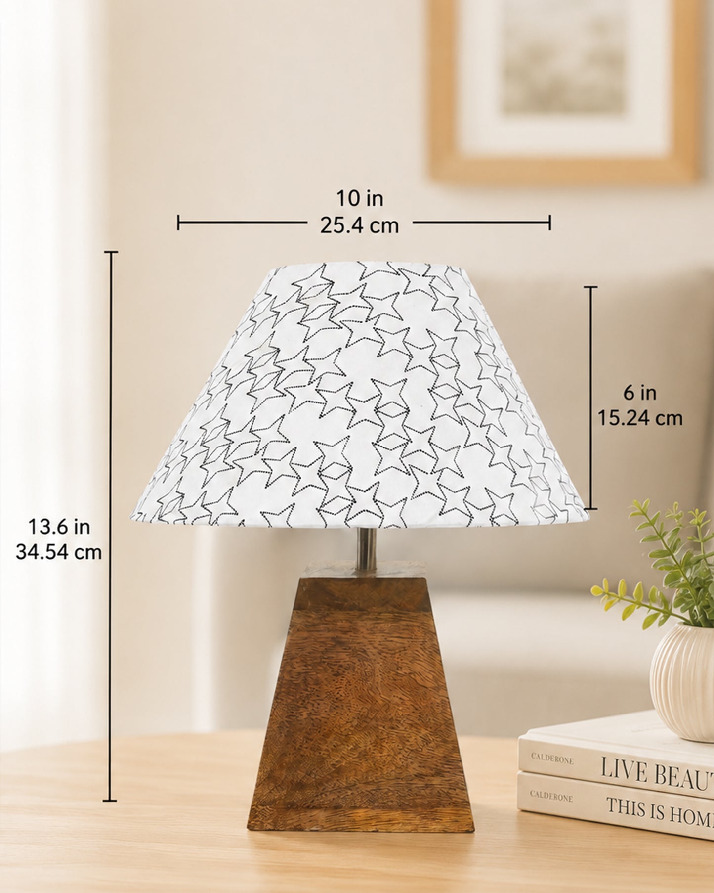 Pyramid Modern Table Lamp, Wooden Base Modern Fabric Lampshade for Home Office Cafe Restaurant, Cone