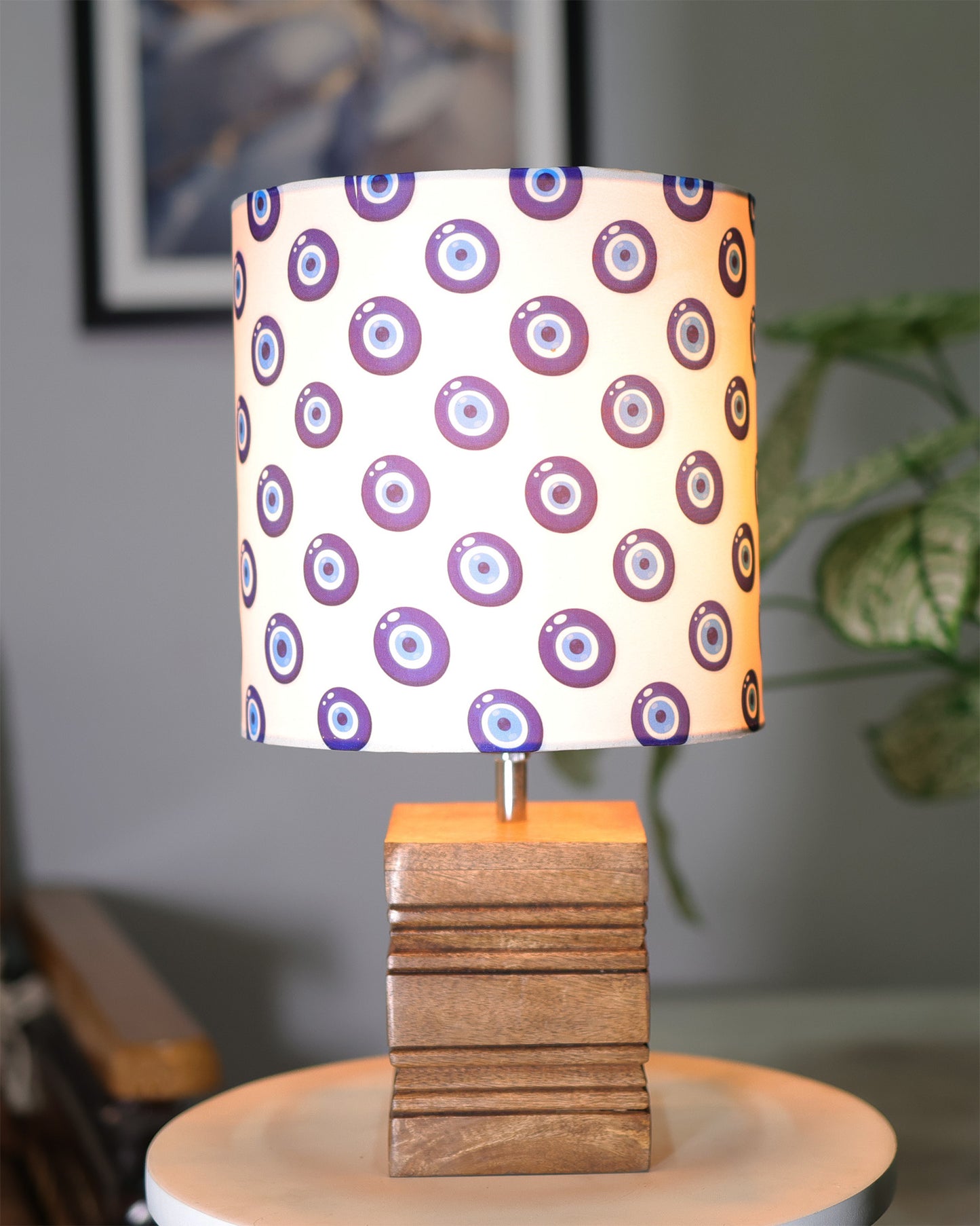 Wood Table Lamp, Modern Base Fabric Lampshade for Home Office Cafe Restaurant, Rib Cube