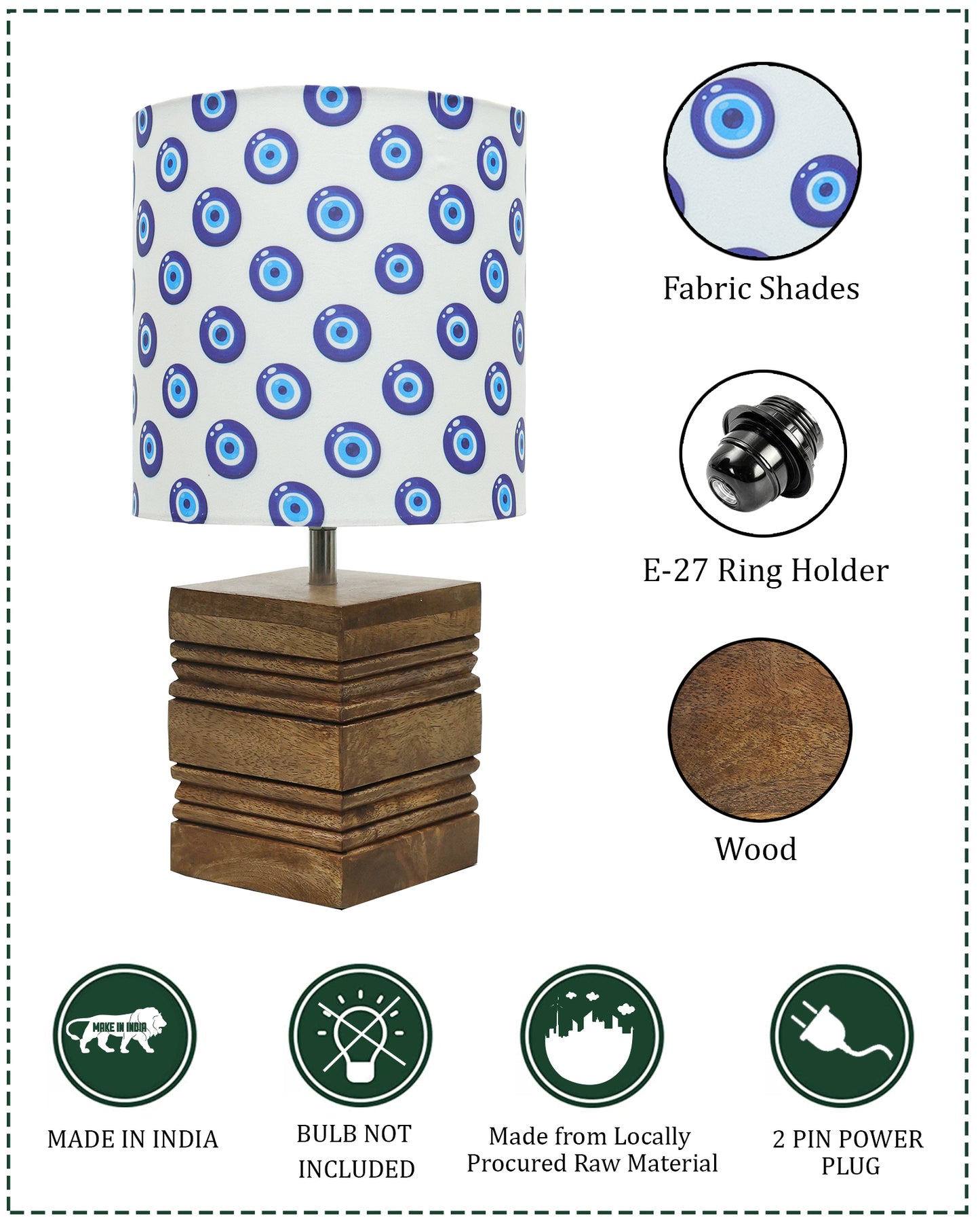Wood Table Lamp, Modern Base Fabric Lampshade for Home Office Cafe Restaurant, Rib Cube