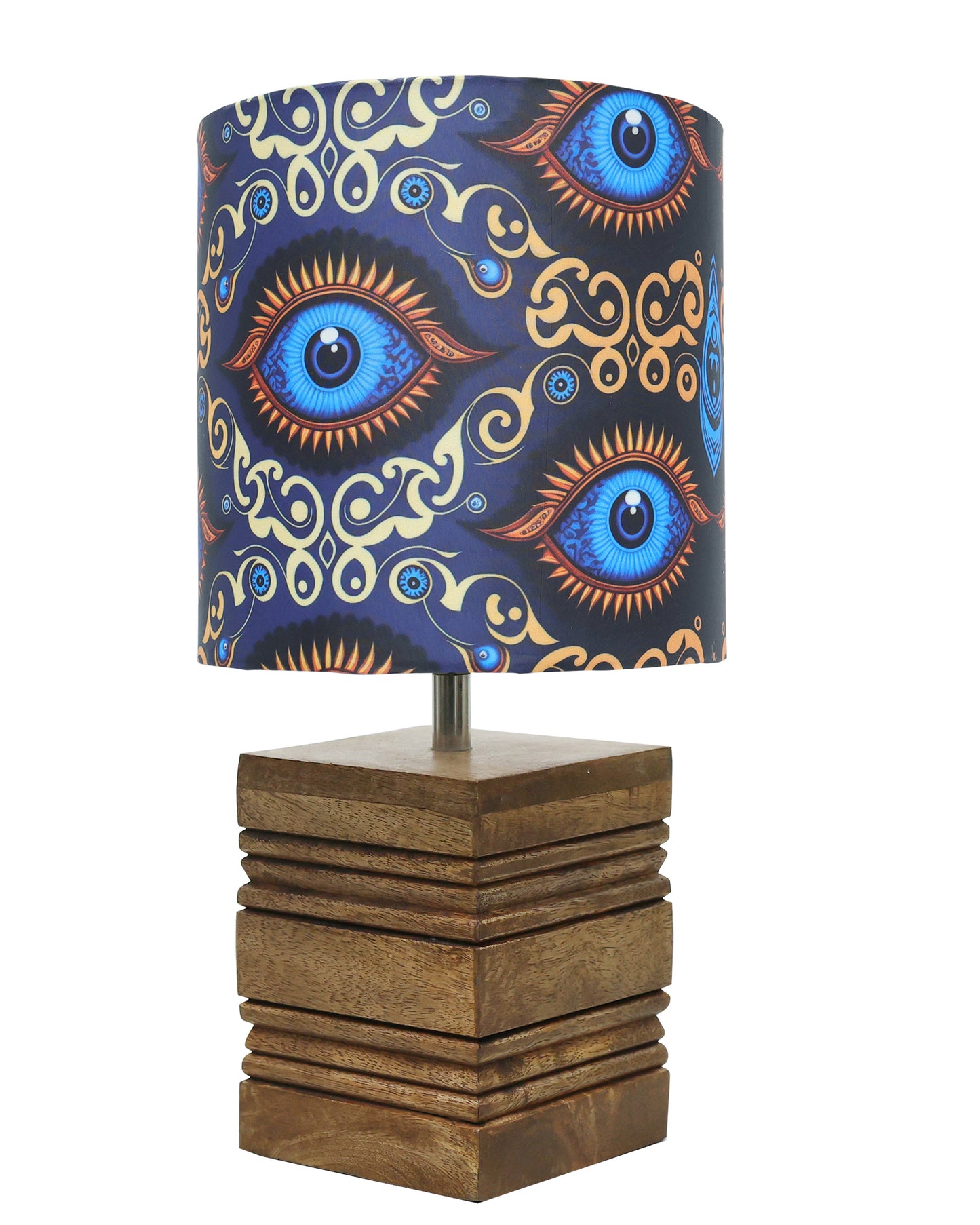 Wood Table Lamp, Modern Base Fabric Lampshade for Home Office Cafe Restaurant, Rib Cube