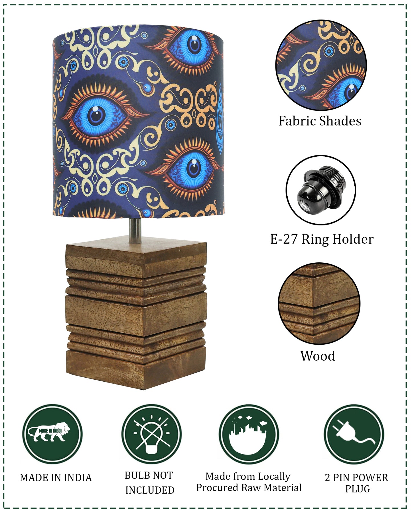 Wood Table Lamp, Modern Base Fabric Lampshade for Home Office Cafe Restaurant, Rib Cube
