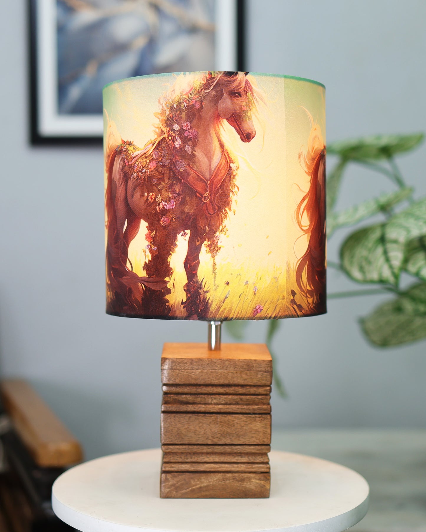 Wood Table Lamp, Modern Base Fabric Lampshade for Home Office Cafe Restaurant, Rib Cube