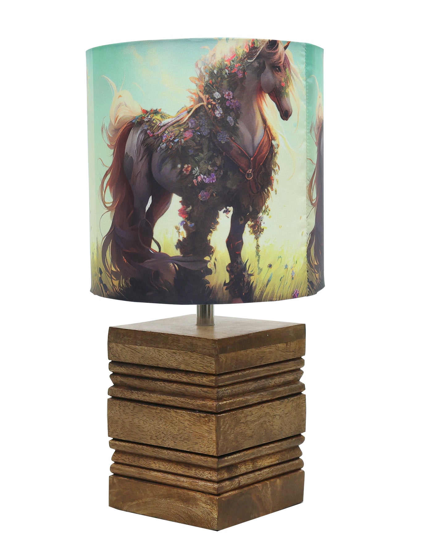 Wood Table Lamp, Modern Base Fabric Lampshade for Home Office Cafe Restaurant, Rib Cube